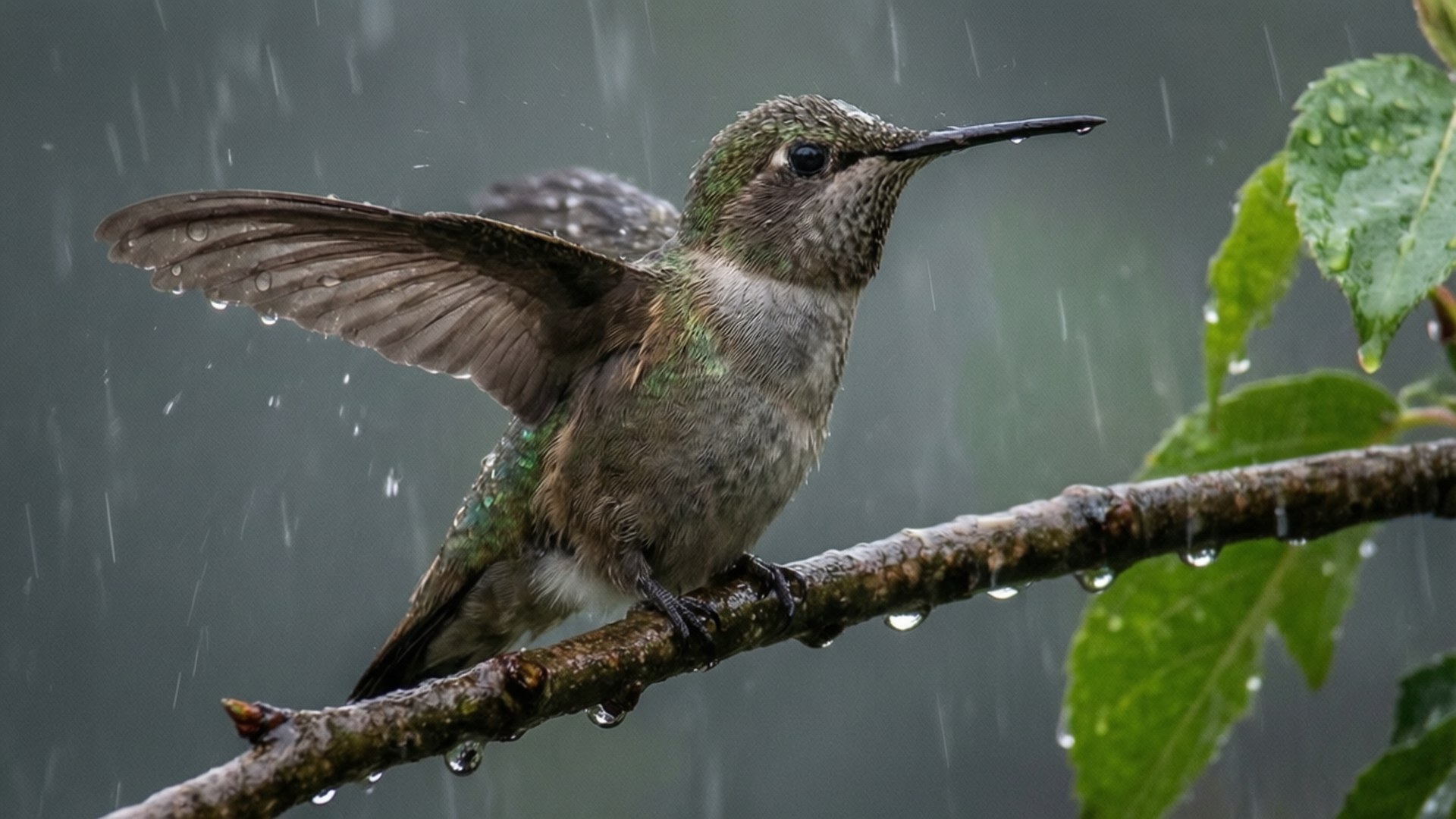 Rainy Perch 壁紙 — 一隻蜂鳥棲息在雨濕的樹枝上，翅膀展開，水滴在周圍傾瀉而下。