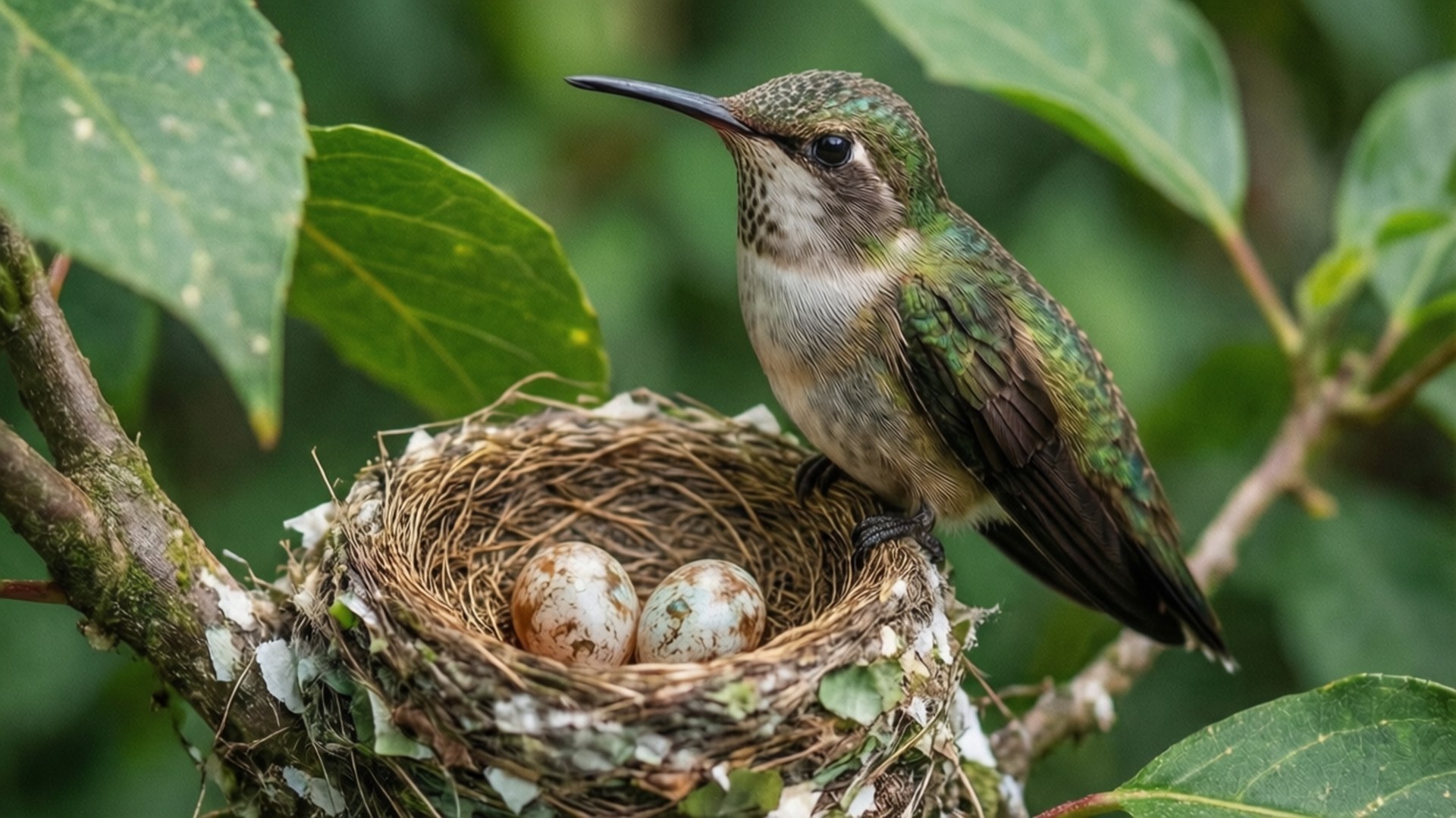 Nesting Mother 壁紙 — 一隻蜂鳥保護性地棲息在其細小的編織巢上，巢中有兩顆有斑點的蛋，周圍是茂密的綠葉。