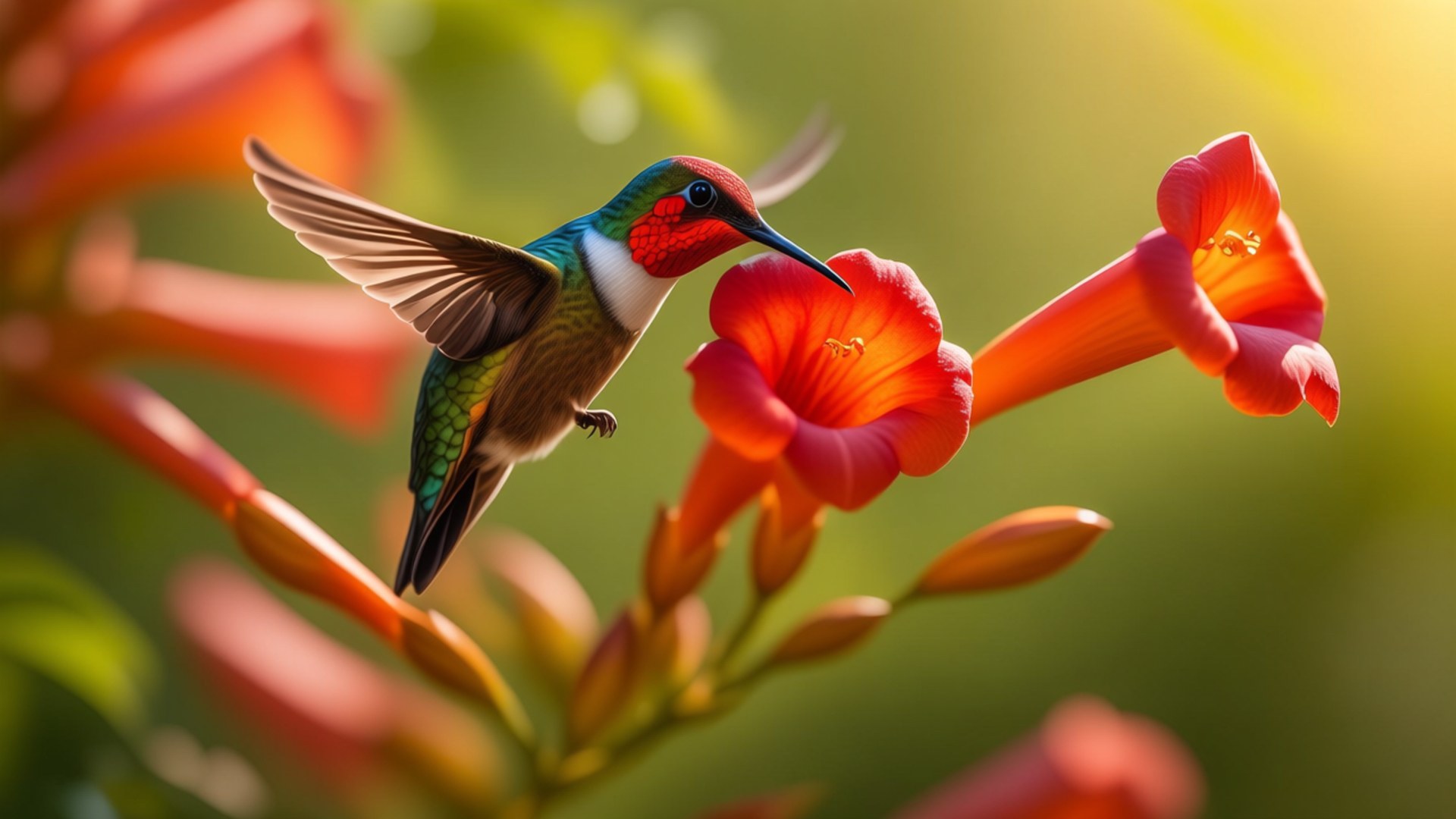 Hummingbird in Bloom 壁紙 — 一隻帶有虹彩綠色和紅色羽毛的蜂鳥在明亮的橙色喇叭花附近盤旋，背景是柔和的綠色。