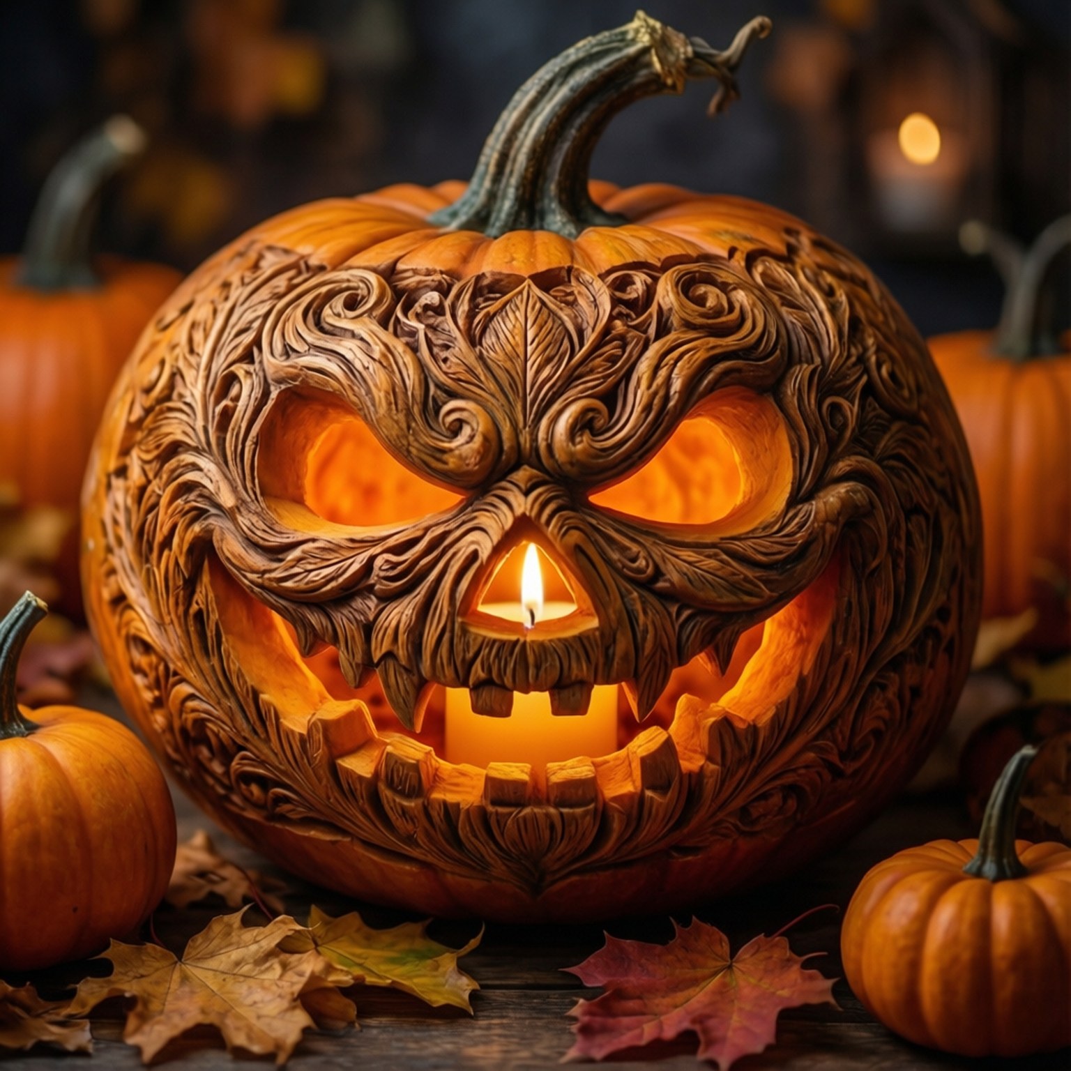 Carved Pumpkin Glow 壁紙 — 一個雕刻精細的南瓜，裡面有發光的蠟燭，放在秋天的樹葉和小南瓜之間。