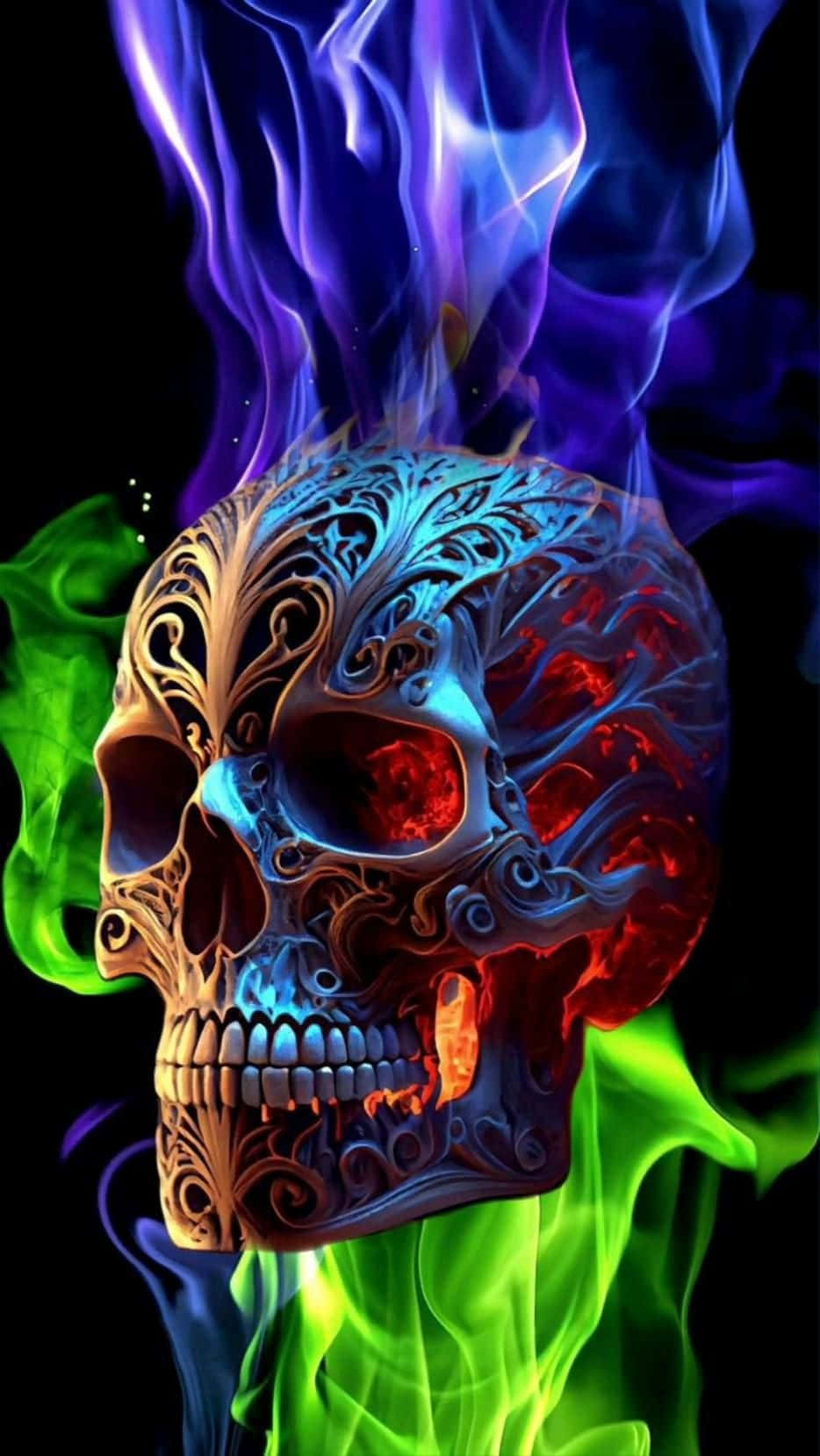  壁紙 — 一個雕刻精細的頭骨，帶有發光的紅色眼睛，以及從其冠部和底部升起的旋轉藍色和綠色火焰，背景為黑色。