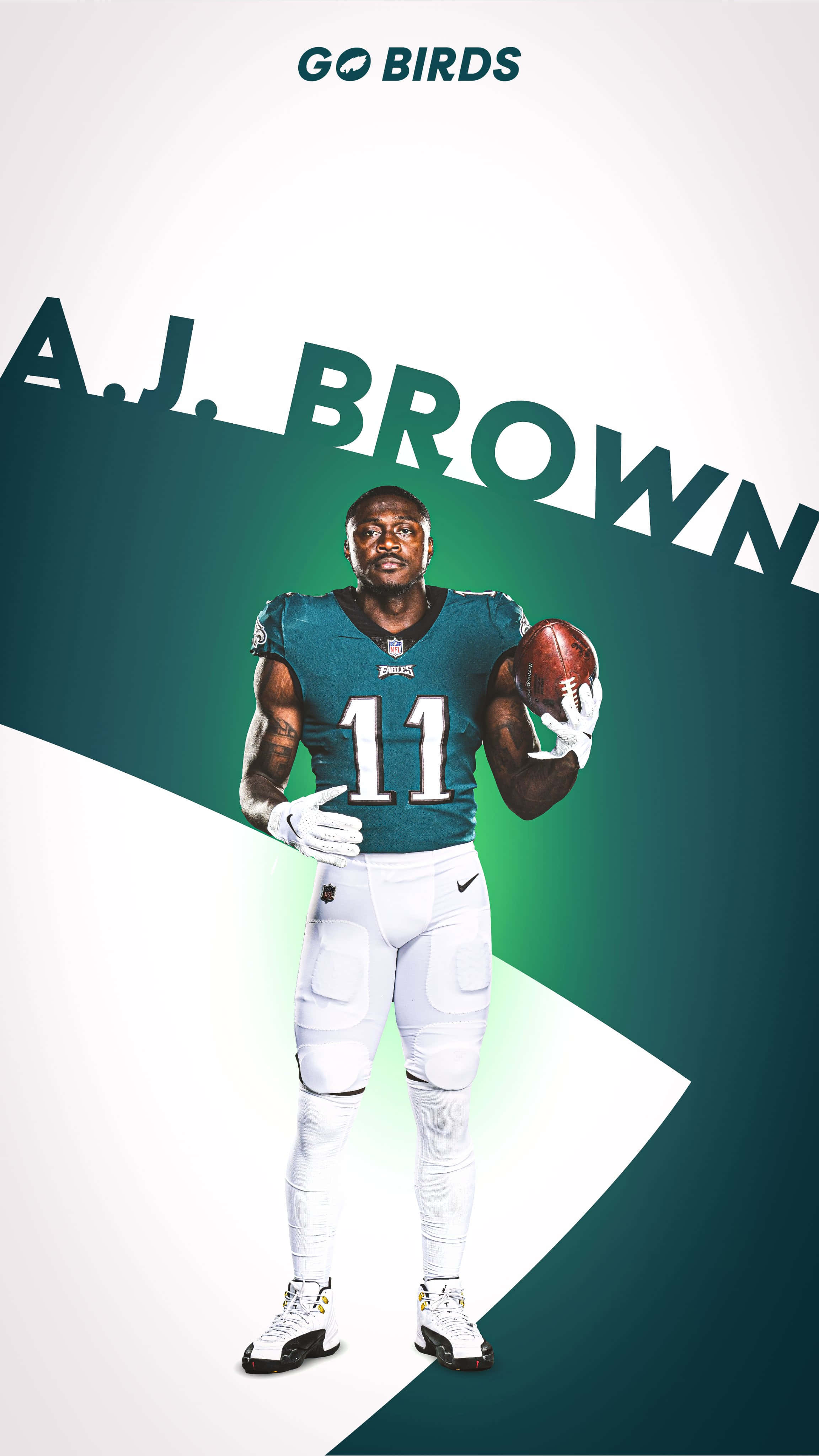 NFL Teams 桌布 壁紙 — A.J. Brown 身穿老鷹隊球衣，在青綠色和白色幾何背景上手持橄欖球，並帶有 'GO BIRDS' 文字。