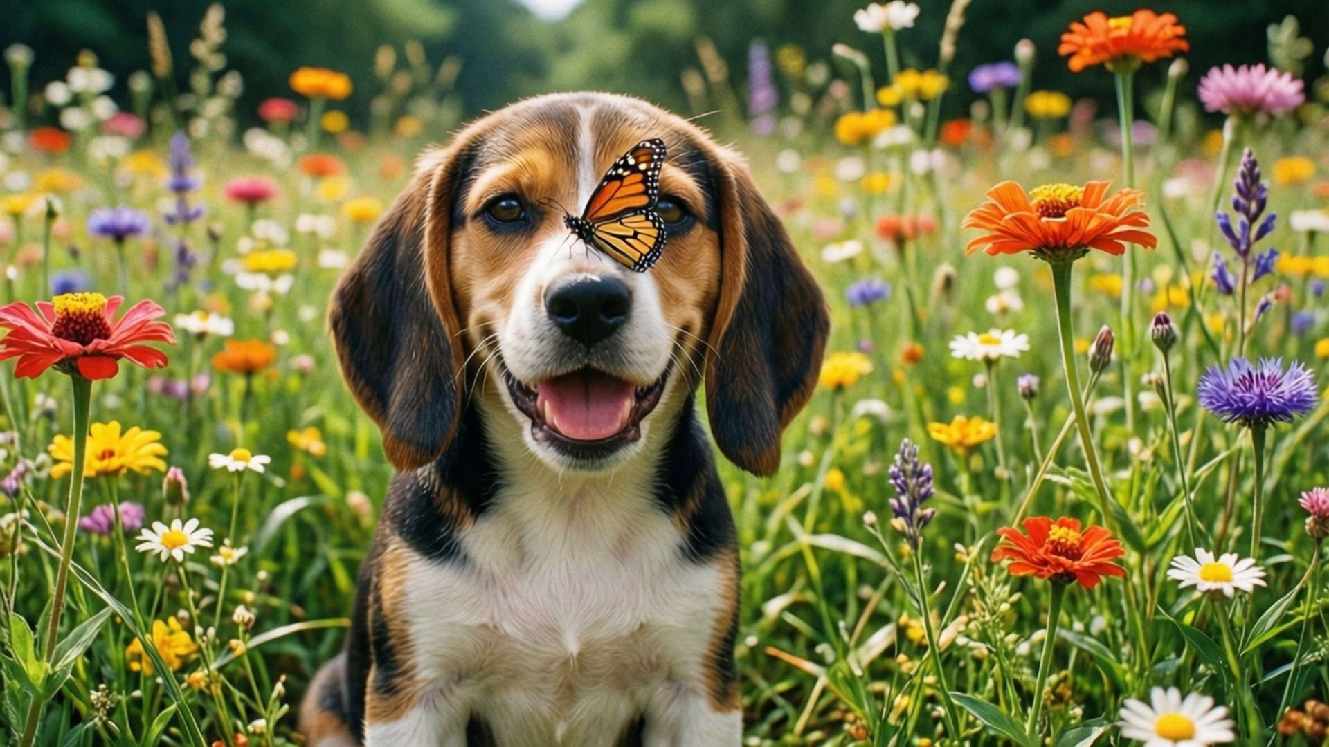 Beagle Puppy in Meadow 壁紙 — 一隻快樂的小獵犬幼犬，眼睛上停著一隻君主斑蝶，坐在充滿活力的草地上，周圍是色彩繽紛的野花。