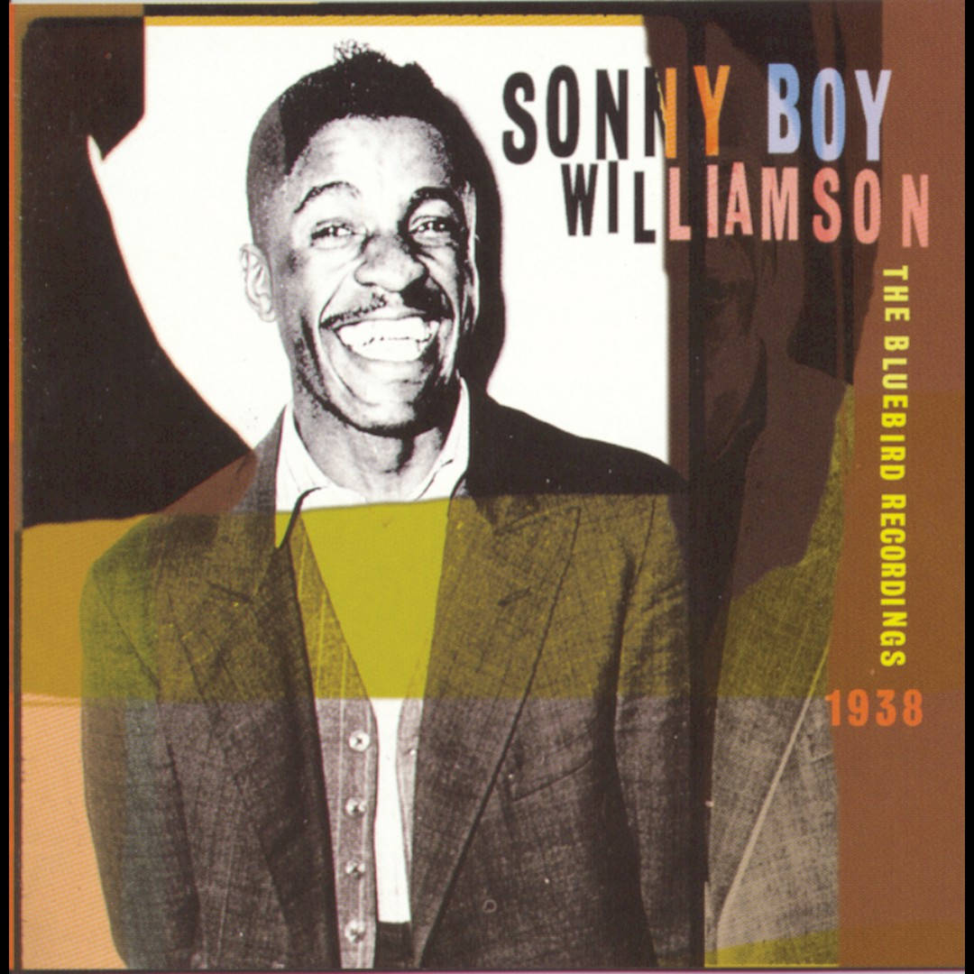poster 桌布 壁紙 — Sonny Boy Williamson 的快樂黑白肖像，在色彩繽紛的幾何背景前咧嘴而笑。