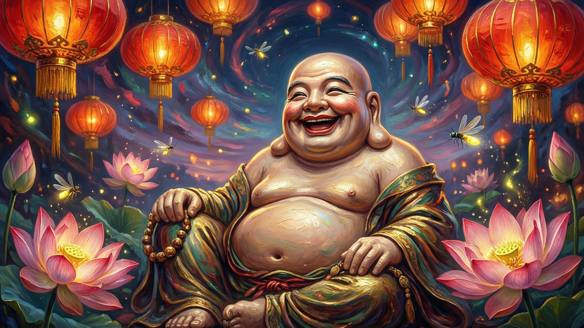 Buddhism Mobile 桌布 壁紙 — 一個快樂的佛像坐在星空下，周圍環繞著發光的紅燈籠和粉紅色的蓮花。