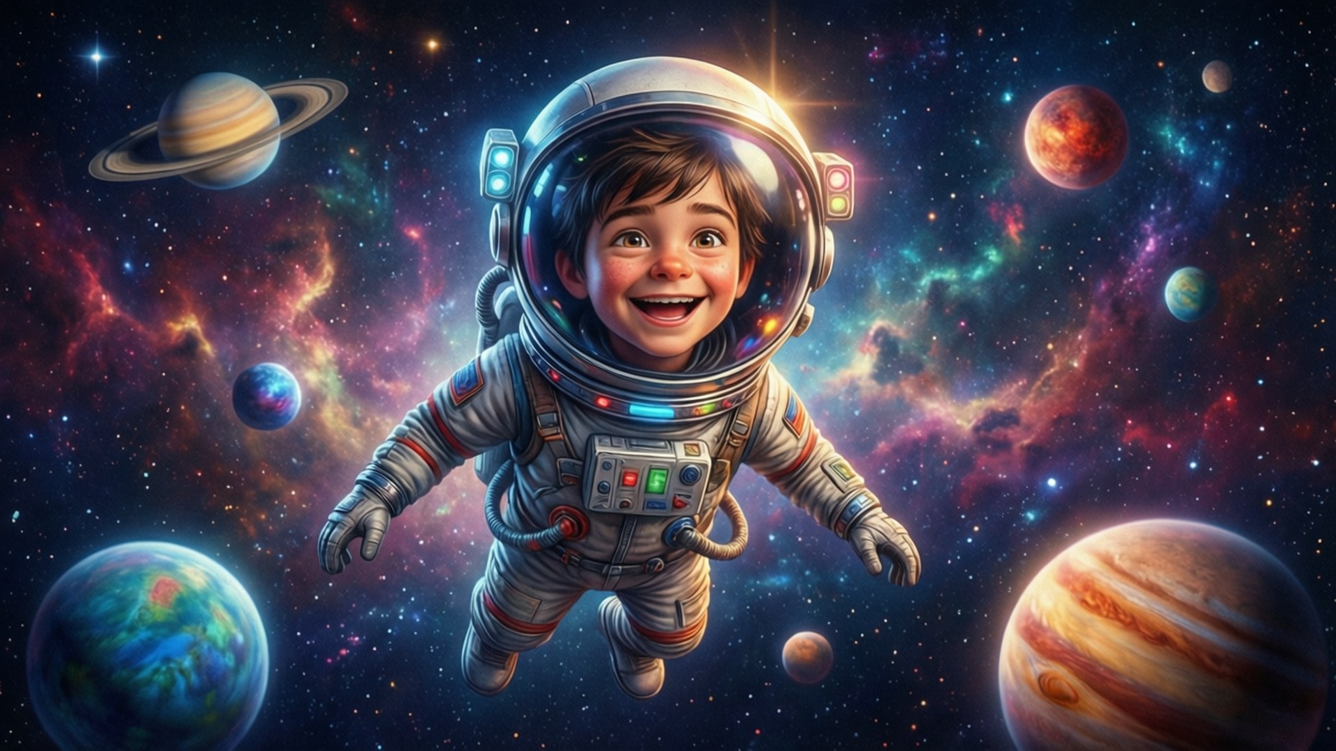 桌布 壁紙 — 一個快樂的兒童太空人在色彩繽紛的行星和發光的星雲中漂浮，構成充滿活力的宇宙場景。