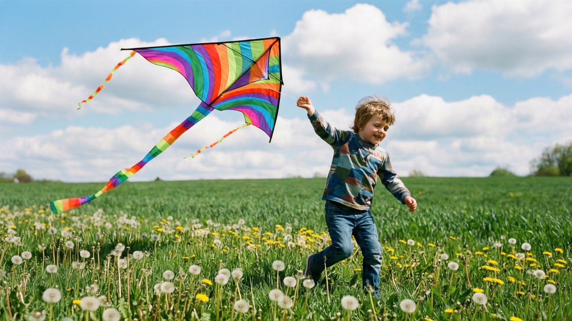Kite Flying Joy 壁紙 — 一個快樂的孩子在陽光明媚的蒲公英和黃色花田裡奔跑，同時在藍天白雲中放飛鮮豔的彩虹風箏。