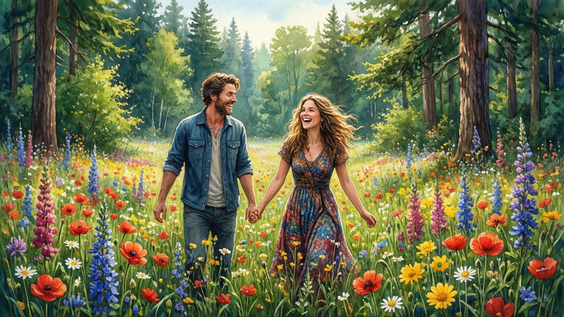 Field of Flowers 壁紙 — 一對快樂的情侶手牽手走過陽光明媚的草地，草地上開滿了色彩繽紛的野花，周圍環繞著高大的松樹。