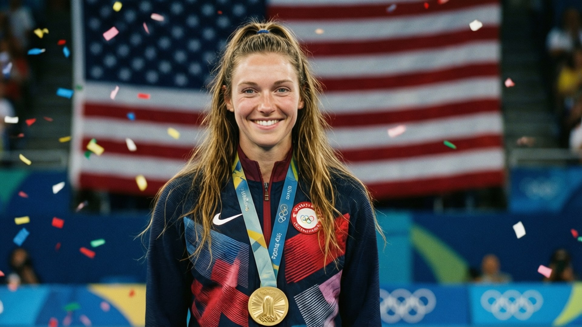 Katie Ledecky 桌布 壁紙 — 一位快樂的女運動員佩戴著奧運金牌，在美國國旗背景下，五彩紙屑圍繞她飄落，她自豪地綻放光彩。