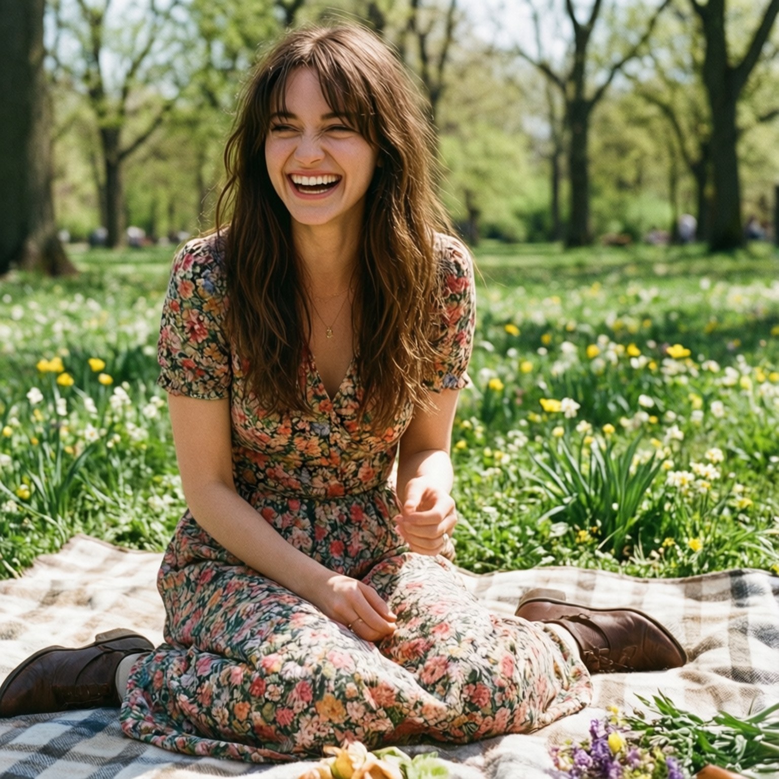 Spring Picnic Laugh 壁紙 — 一位快樂的女性在陽光普照、開滿水仙花和綠草的田野中，盤腿坐在格子圖案的毯子上，開懷大笑。
