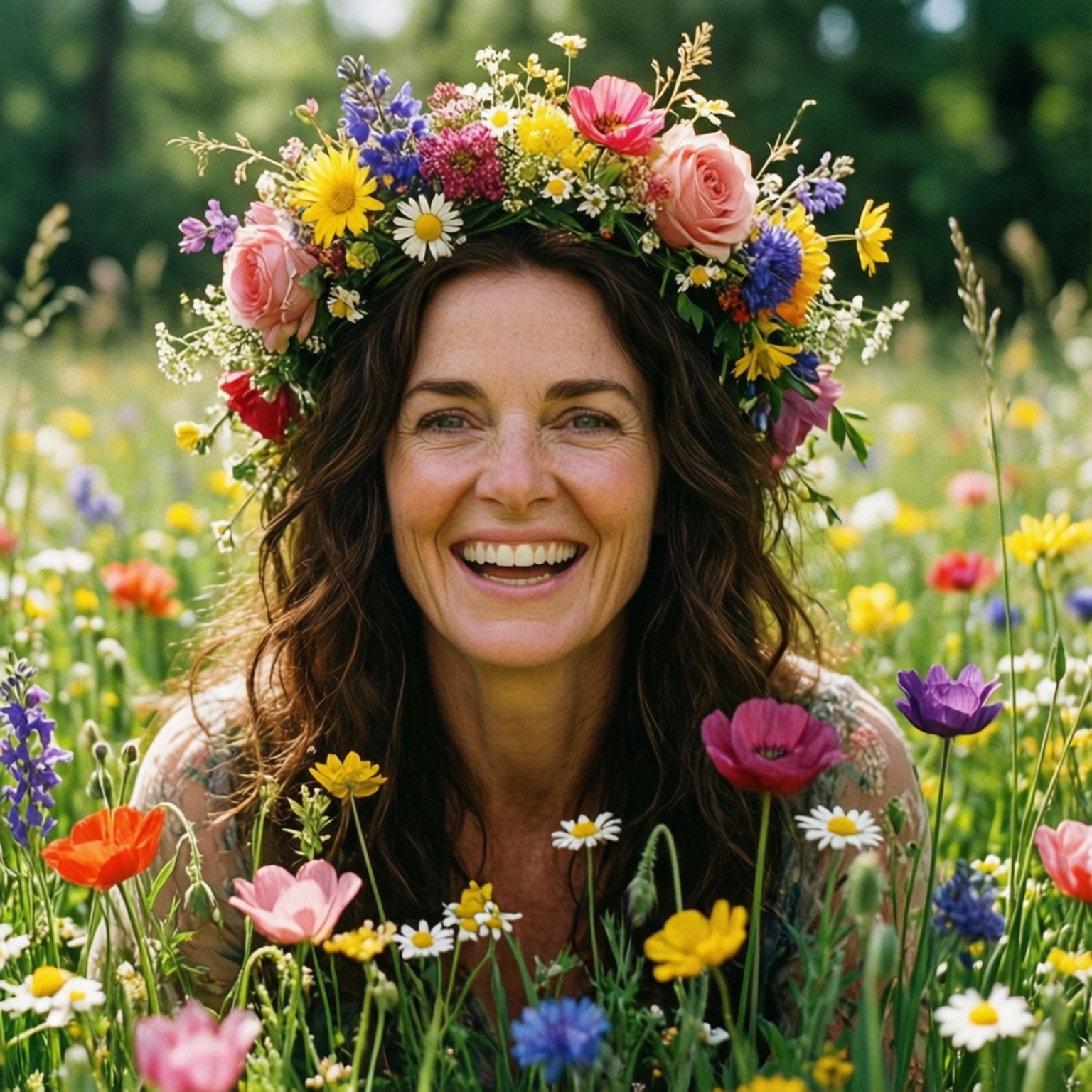 Spring Meadow 壁紙 — 一位快樂的女人戴著鮮豔的花冠，在陽光明媚、開滿五顏六色野花的草地上微笑。