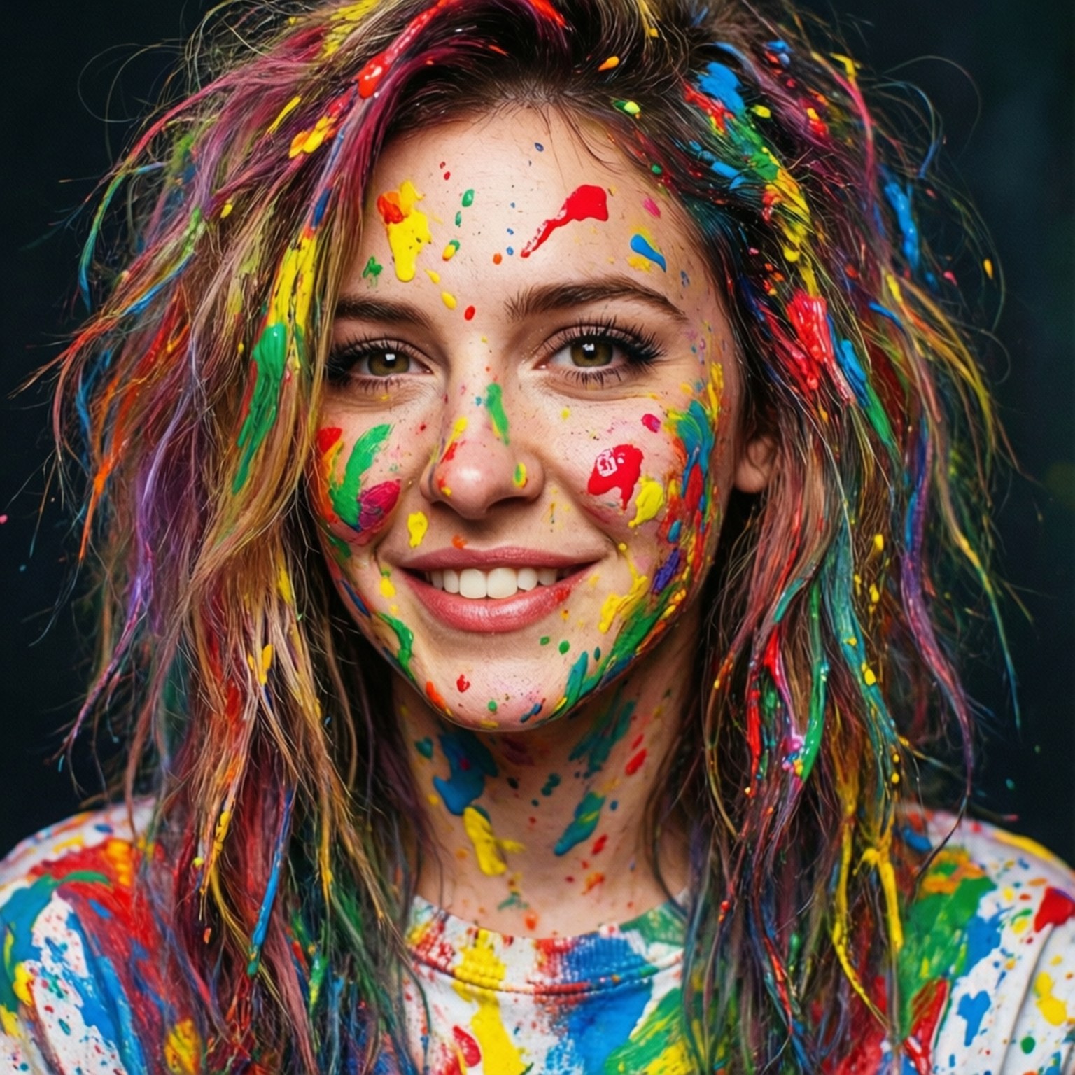 Color Splash 壁紙 — 一位快樂的女性，臉上和頭髮上帶有鮮豔的顏料飛濺，在深色背景下微笑。