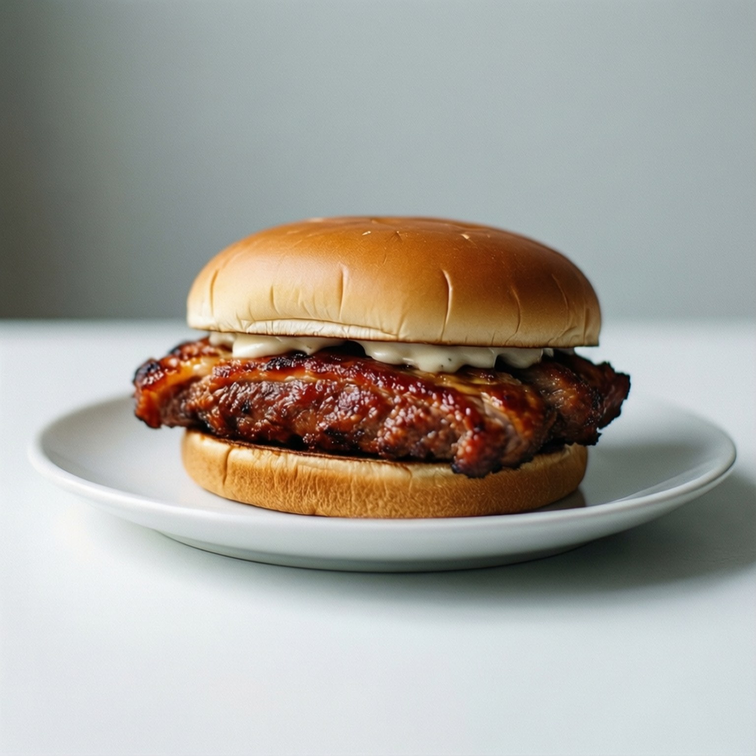 Minimal McRib 壁紙 — 一個多汁的烤漢堡配融化起司，放在白色盤子上，背景是柔和的灰色。
