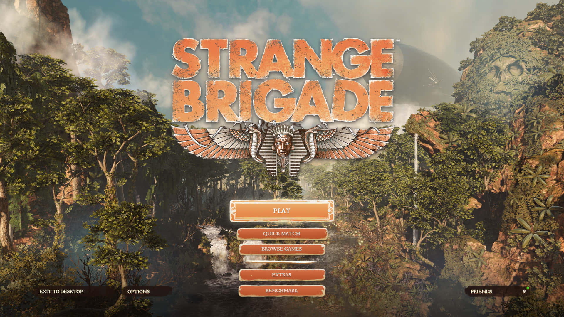 game 桌布 壁紙 — Strange Brigade 的叢林主題遊戲選單，帶有古埃及圖案和茂密的綠色植物。