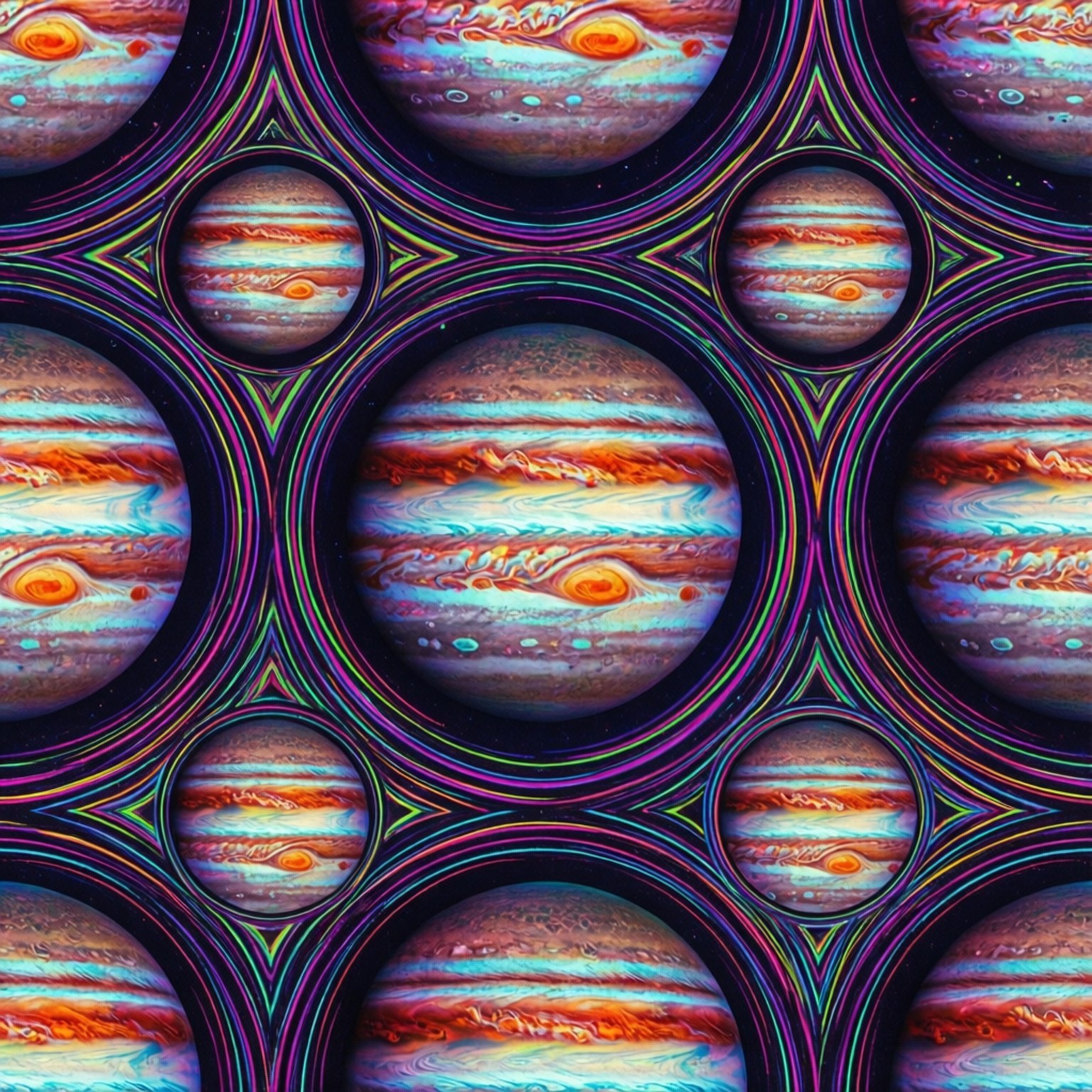 Psychedelic Jupiter Pattern 壁紙 — 一個萬花筒般的木星圖案，帶有旋轉的帶狀和風暴，由霓虹幾何邊框框起。