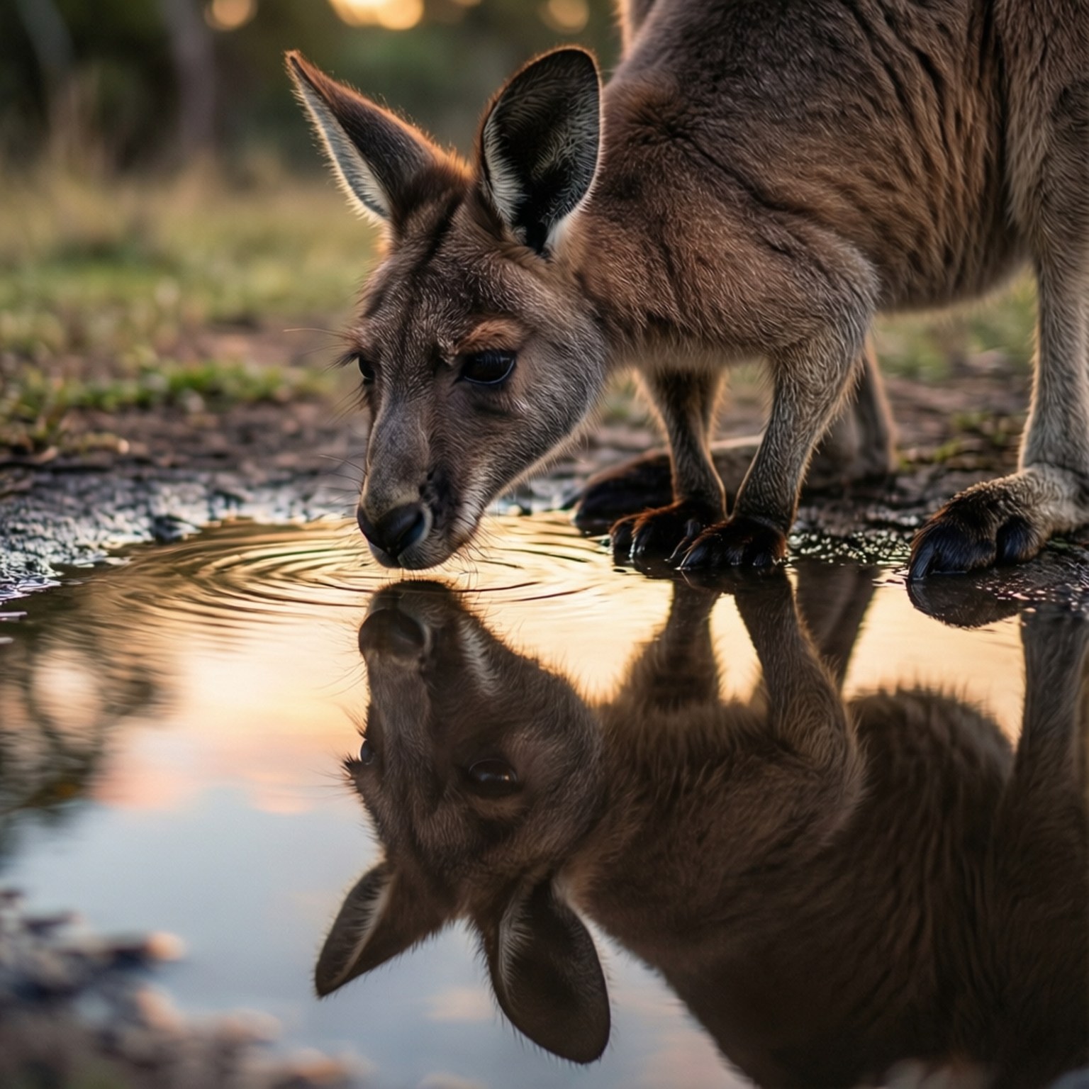 Kangaroo 桌布 壁紙 — 一隻袋鼠從淺水坑喝水，其倒影在金色日落光中泛起漣漪。