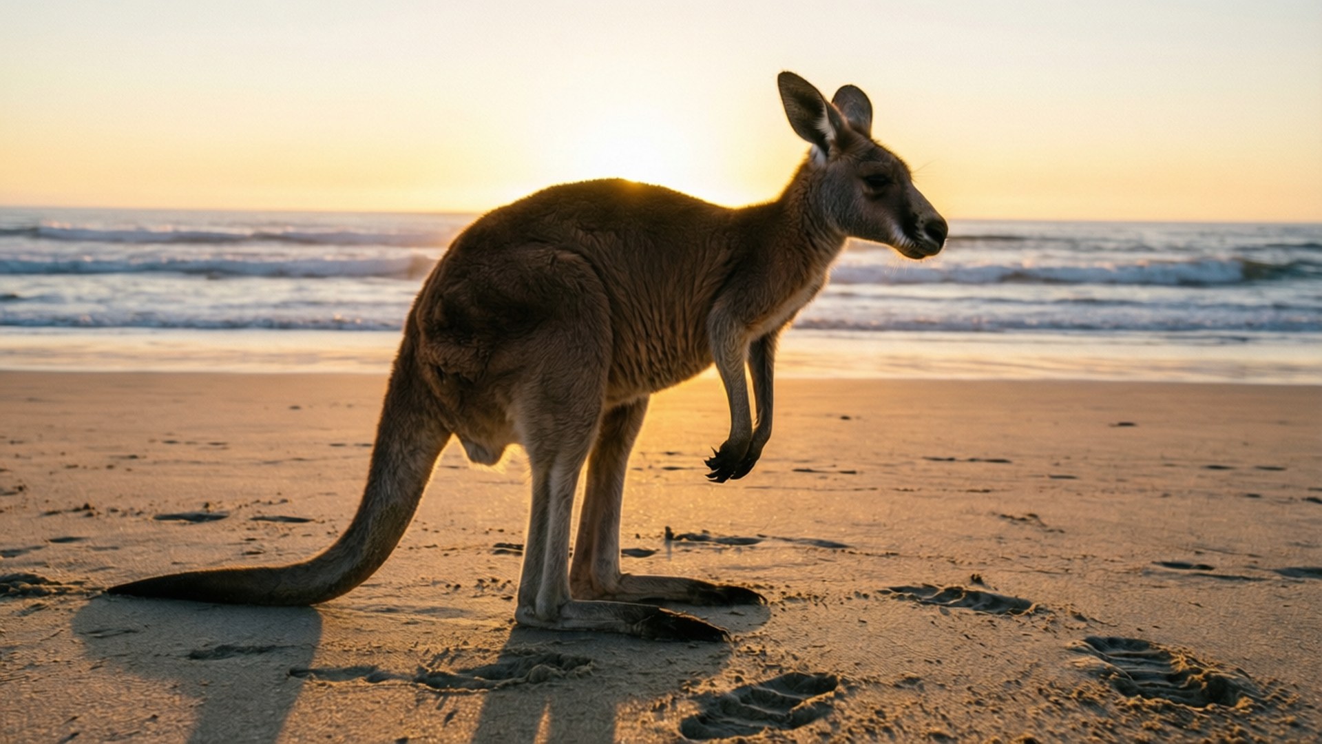 Beach Kangaroo at Sunrise 壁紙 — 一隻袋鼠站在沙灘上，夕陽西下，身後海浪翻滾。