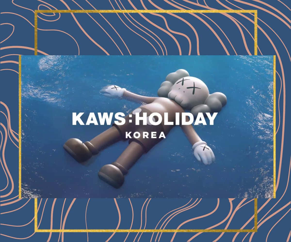 KAWS Holiday Korea公仔漂浮在水面上，帶有抽象波浪背景。 — Kaws 壁紙