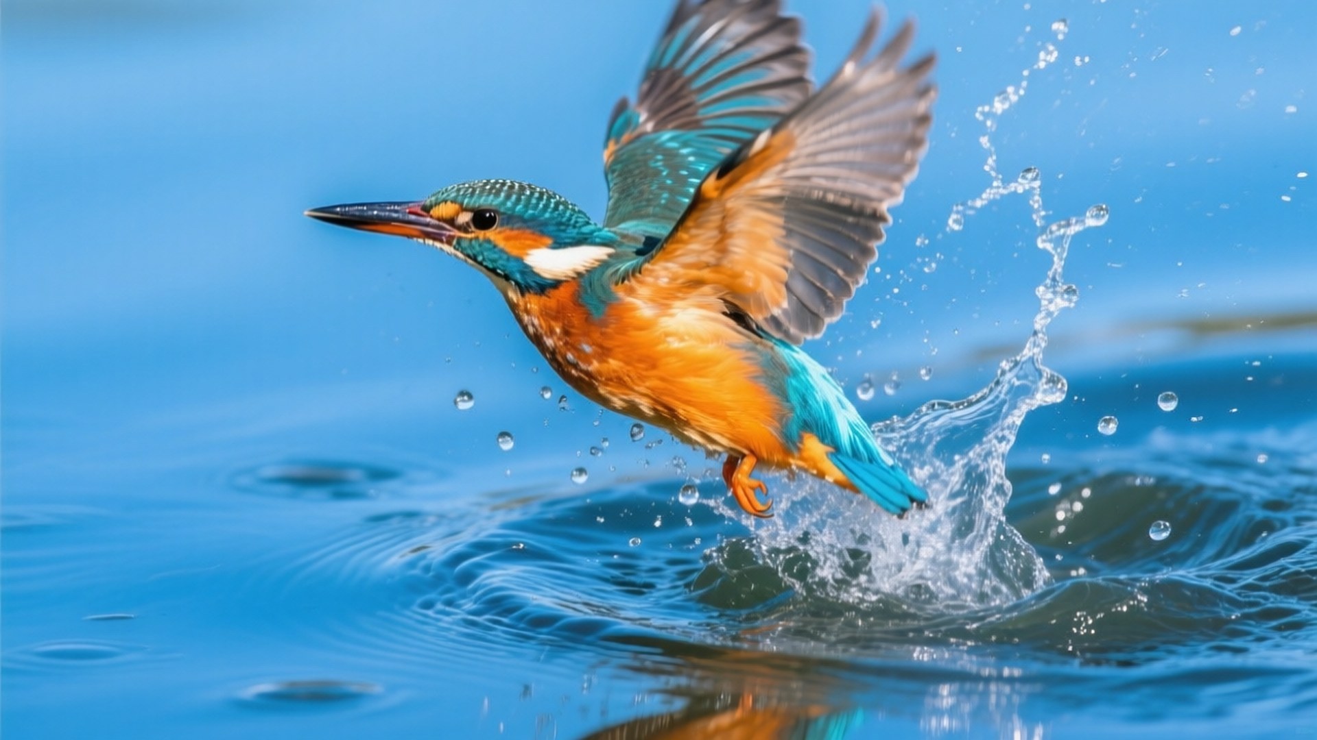 Kingfisher Dive 壁紙 — 一隻帶有虹彩藍色和橙色羽毛的翠鳥從充滿活力的藍色水中起飛，濺起閃閃發光的水花。