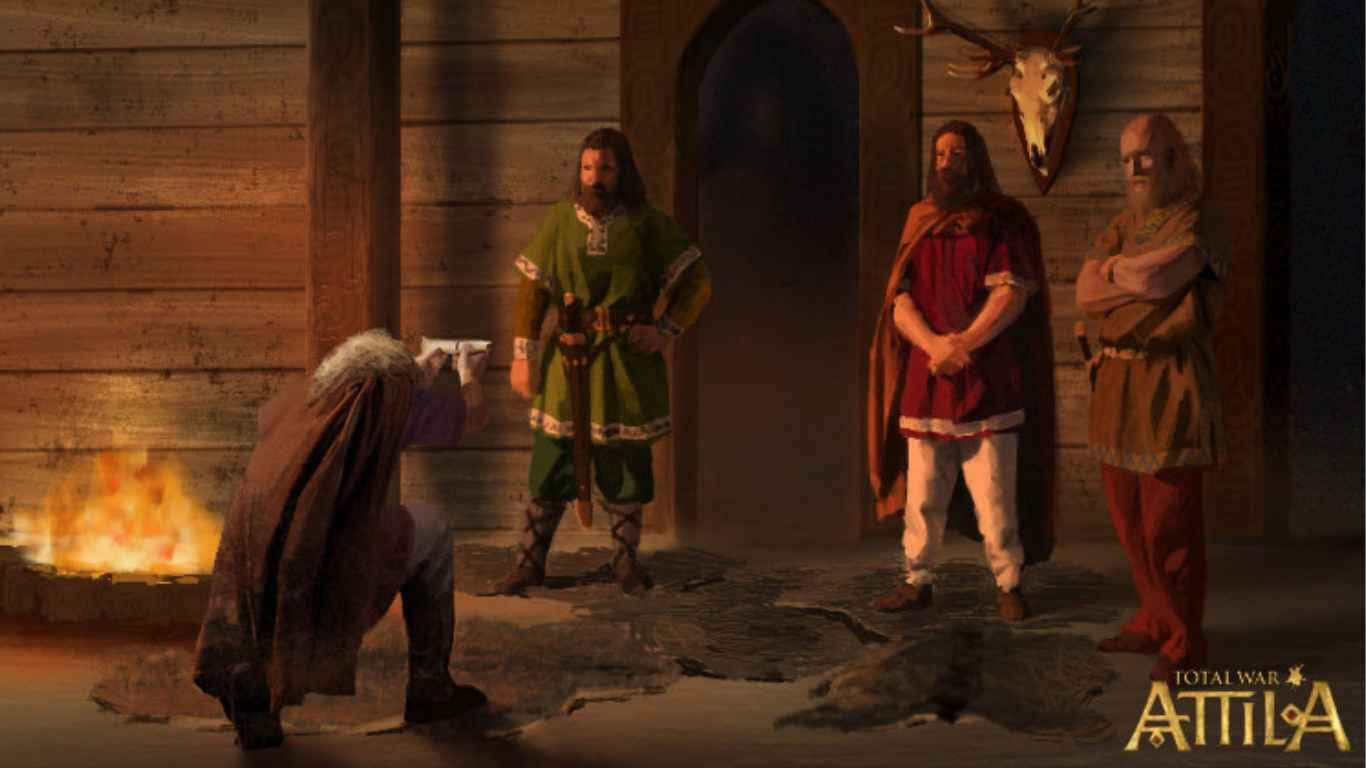 一位戰士跪在三位野蠻領主面前，在一個有火的昏暗木製大廳中。 — 1366X768 壁紙