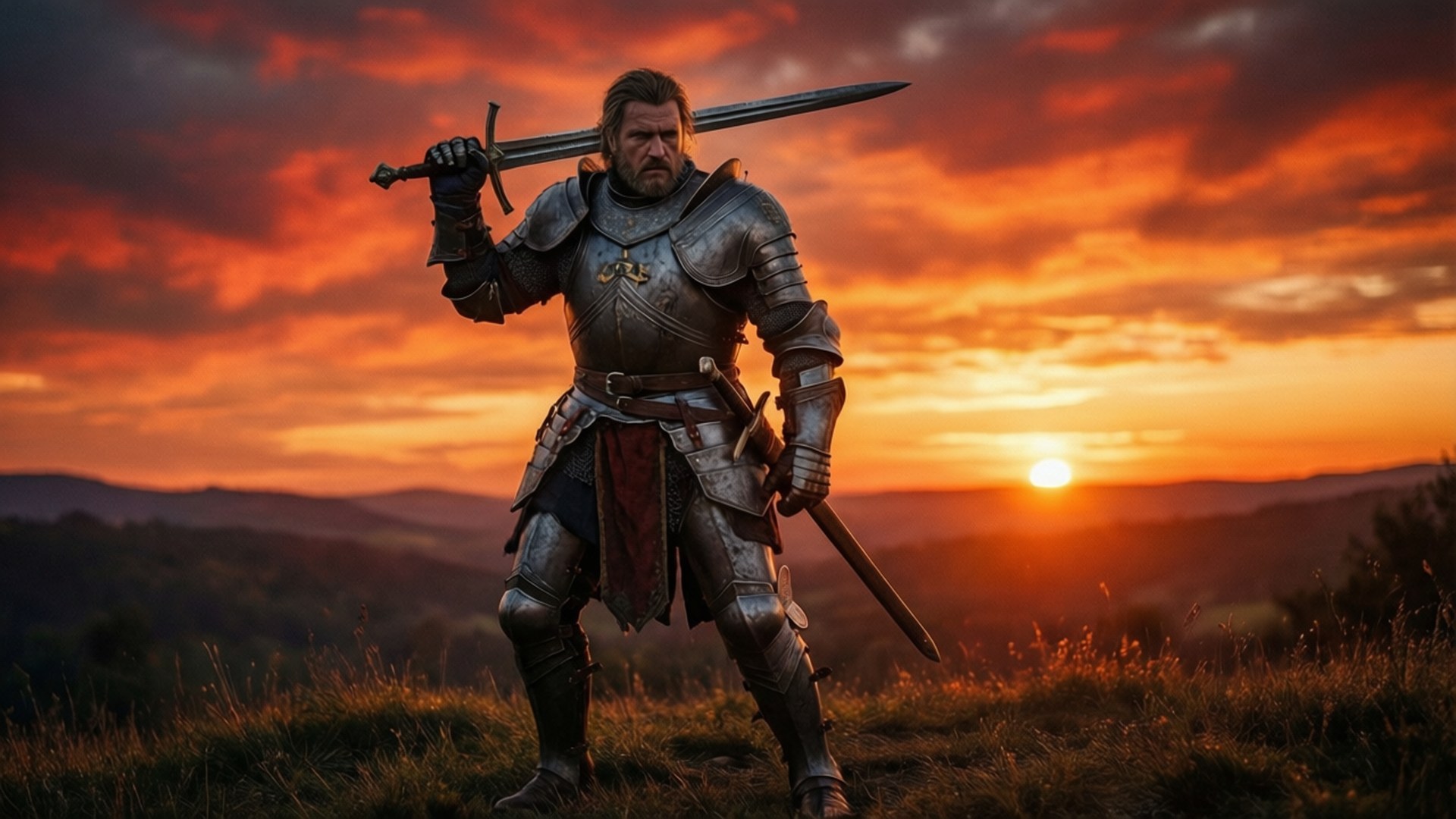 Knight of the Sunset 壁紙 — 一位身穿全副金屬盔甲的騎士站在日落時分的草地上，高舉寶劍，映襯著火紅橙色的天空。
