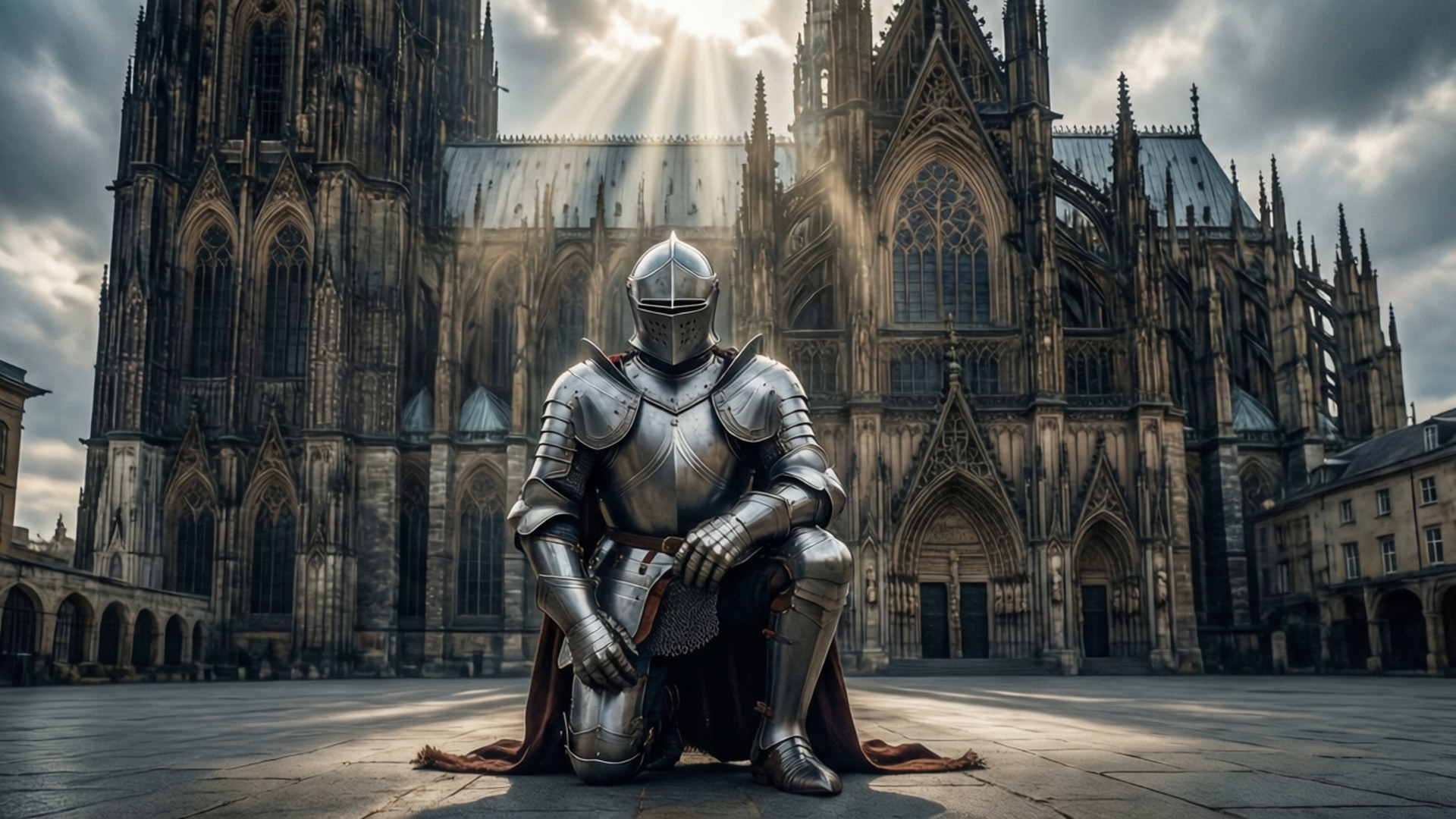 Knight Before the Cathedral 壁紙 — 一位身穿閃亮銀色盔甲的騎士跪在一座高聳的哥德式大教堂前，陽光穿透上方的暴風雲層。