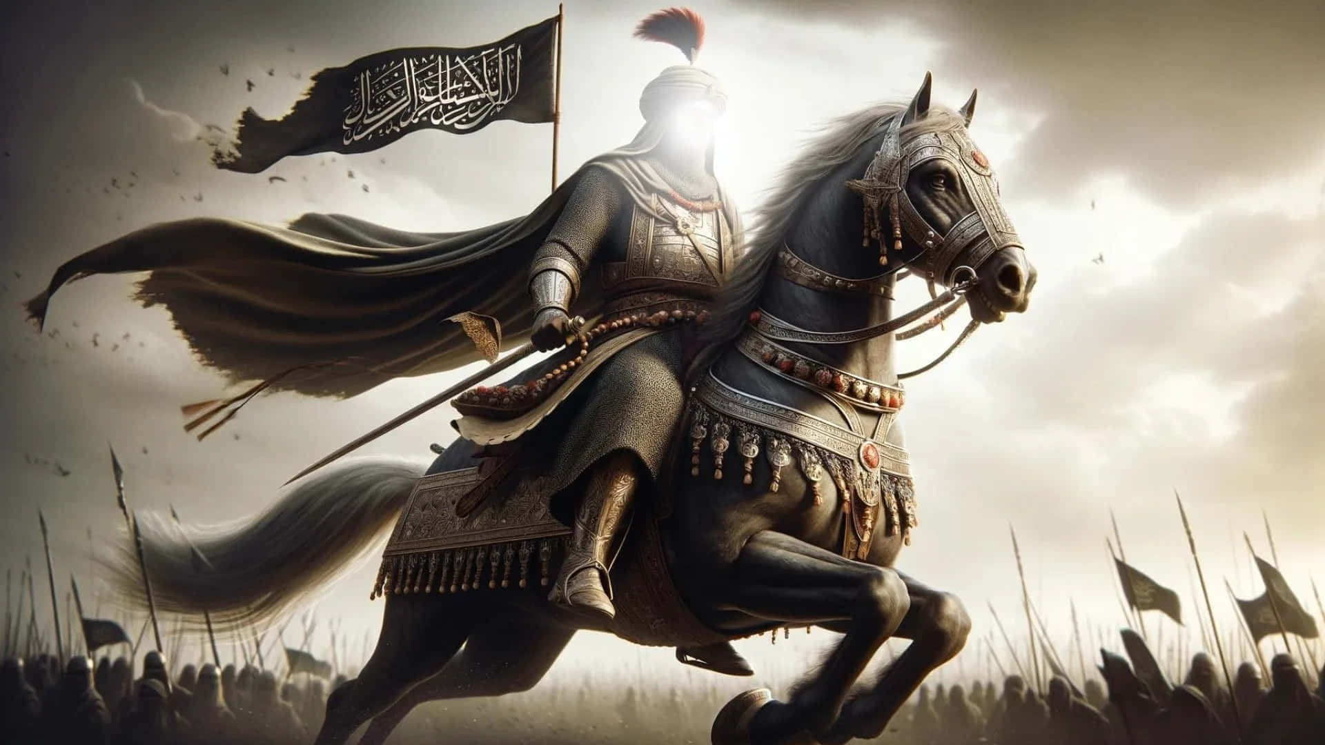  壁紙 — 一位身穿華麗盔甲的騎士騎著裝飾過的黑色戰馬穿過戰場，身後飄揚著一面帶有阿拉伯文字的黑色旗幟。