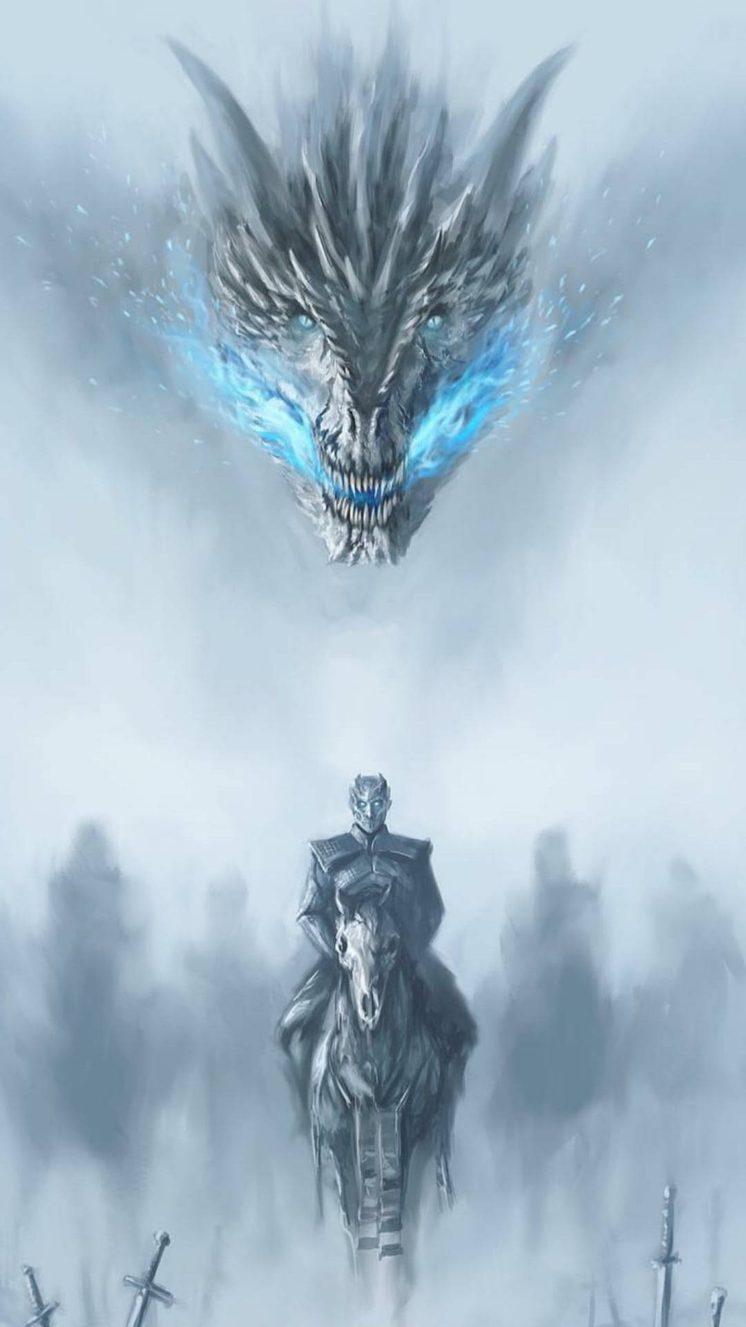 一名騎士騎馬在雪地戰場上面對一條巨大的冰龍。 — 龍 壁紙