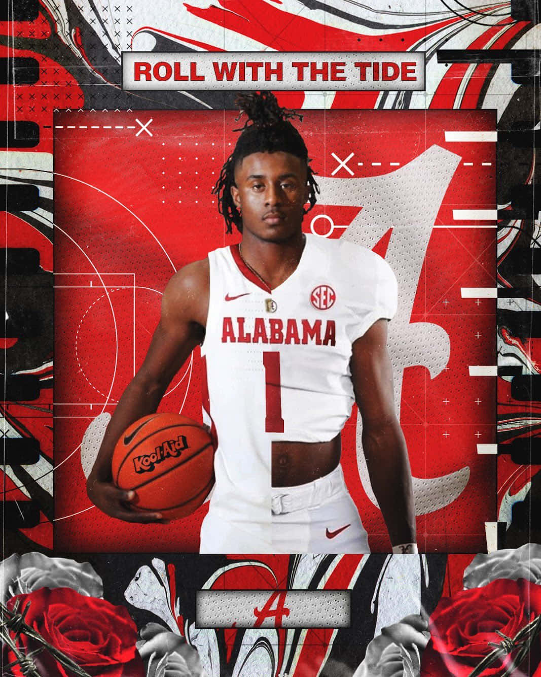  壁紙 — 一名身穿阿拉巴馬球衣的籃球運動員，在帶有玫瑰和 'Roll With The Tide' 文字的醒目紅白黑圖形背景前持球。