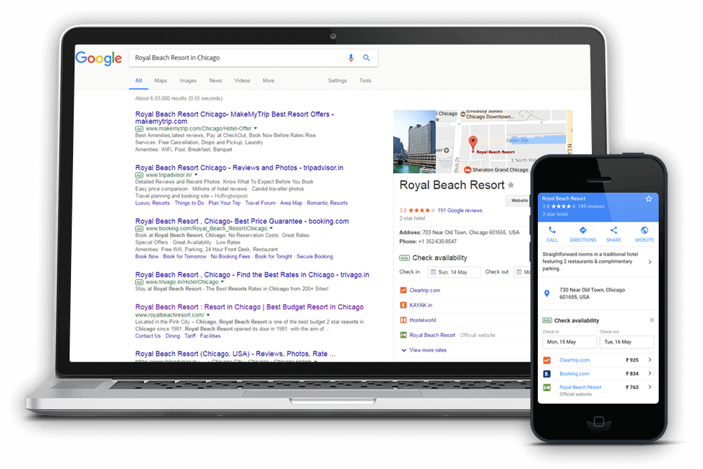 筆記型電腦和手機顯示Royal Beach Resort Chicago的搜尋結果和預訂選項。 — Google 壁紙