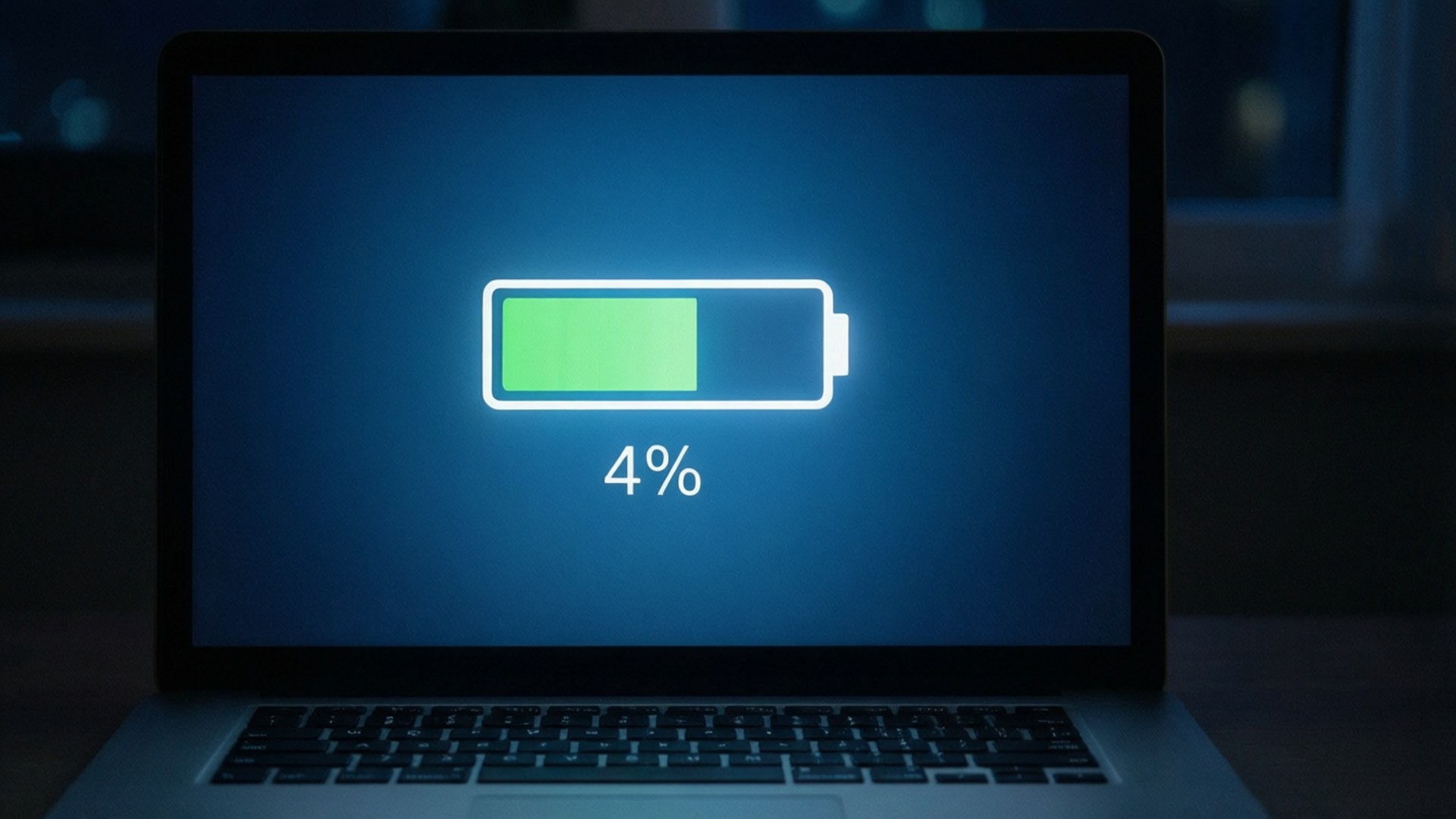 桌布 壁紙 — 筆記型電腦螢幕顯示電量不足警告，電量為4%，帶有發光綠色條，背景為深藍色。