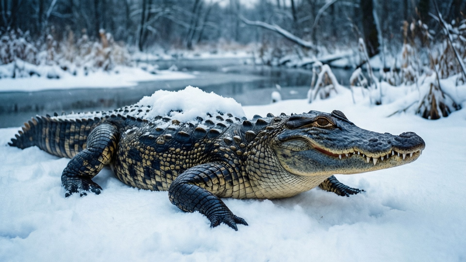 Snowy Alligator 壁紙 — 一隻大鱷魚在深雪中休息，旁邊是一條結冰的河流，背景是白雪覆蓋的樹木。