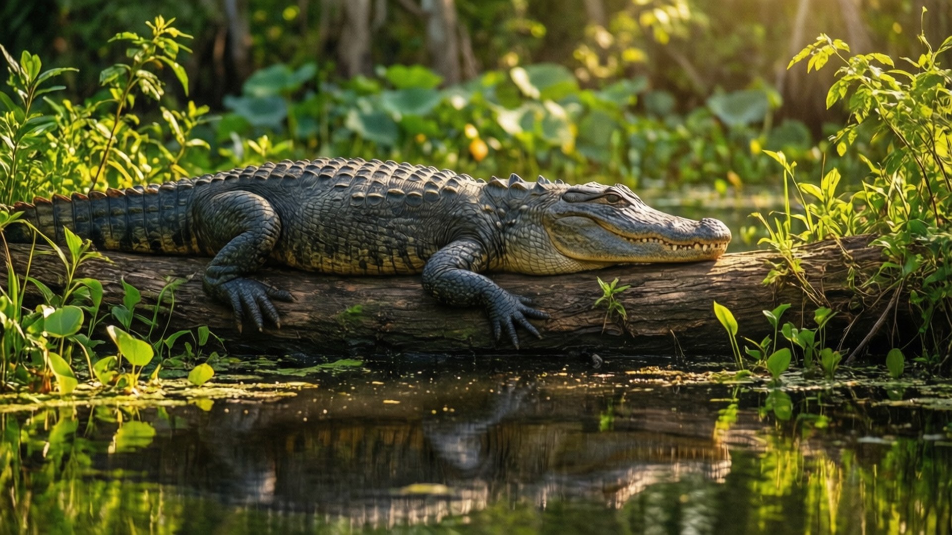 Sunlit Swamp Alligator 壁紙 — 一條大鱷魚在陽光照耀的木頭上休息，下面是平靜的水面，周圍是茂密的綠色樹葉。