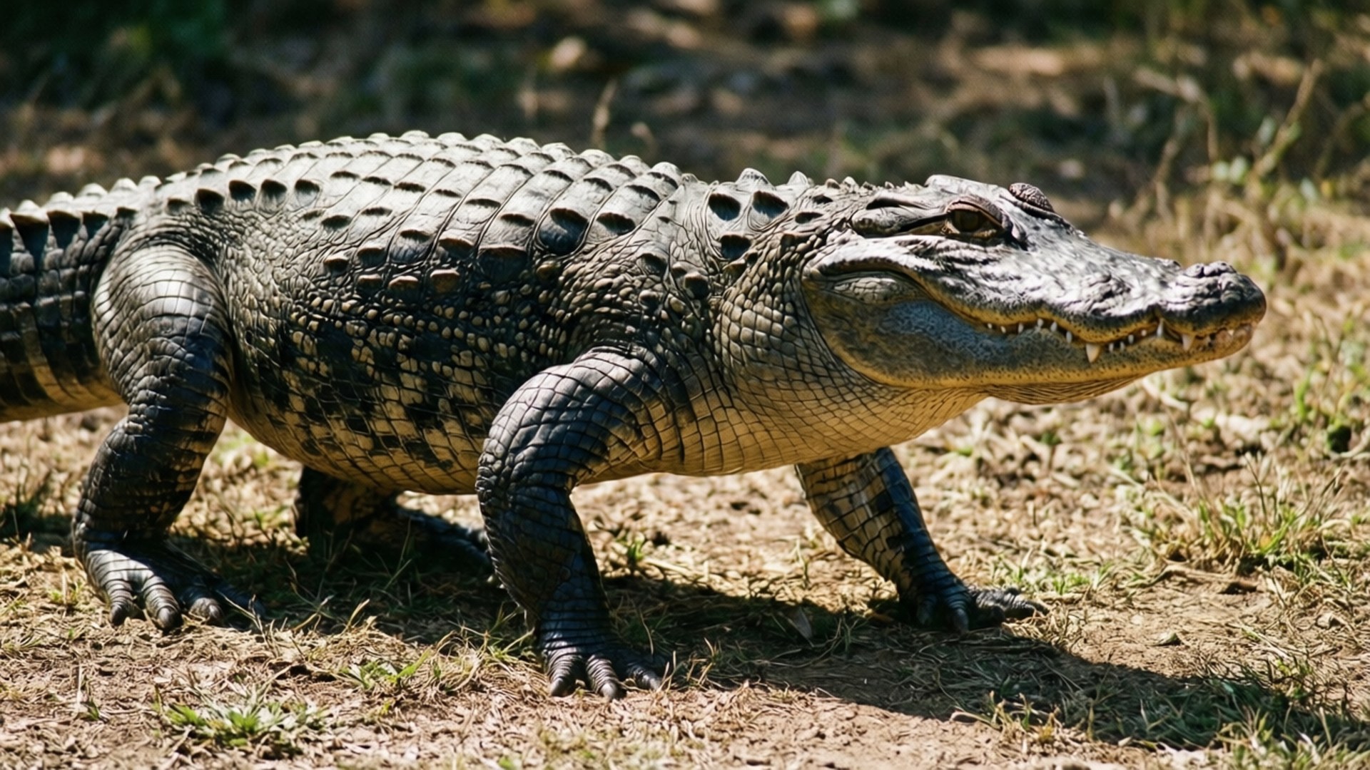Alligator on Land Walk 壁紙 — 一隻大型短吻鱷，帶有紋理鱗片和鋒利牙齒，在明亮的陽光下警覺地站在乾草上。