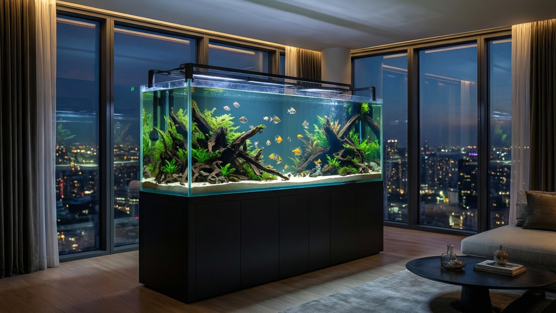 Penthouse Aquarium 壁紙 — 一個大型水族箱，裡面充滿了充滿活力的綠色植物、浮木和色彩繽紛的魚類，放置在一個現代化的客廳中，俯瞰著夜晚閃爍的城市景觀。