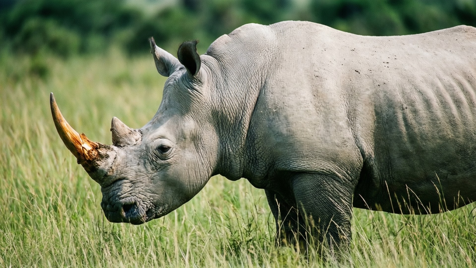 White Rhino in the Wild 壁紙 — 一隻大型灰色犀牛，帶有突出的彎曲角，站在高高的綠色草地上，在自然陽光下。