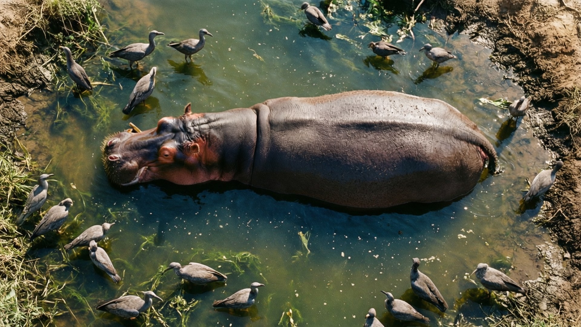 Aerial Hippo Waterhole 壁紙 — 一隻大河馬在渾濁的綠色水中休息，周圍有許多灰色鳥類沿著泥濘的河岸覓食。