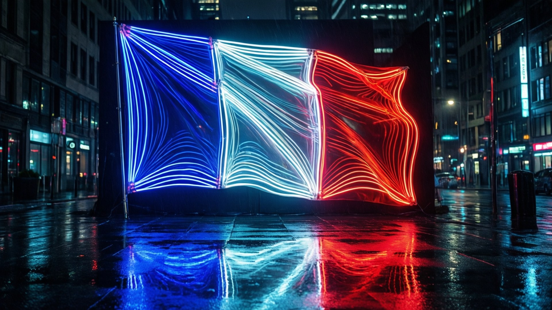 Neon Tube Flag Urban 壁紙 — 一面大型發光旗幟，帶有藍色、白色和紅色的霓虹燈，在夜晚濕漉漉的城市街道上戲劇性地飄揚。
