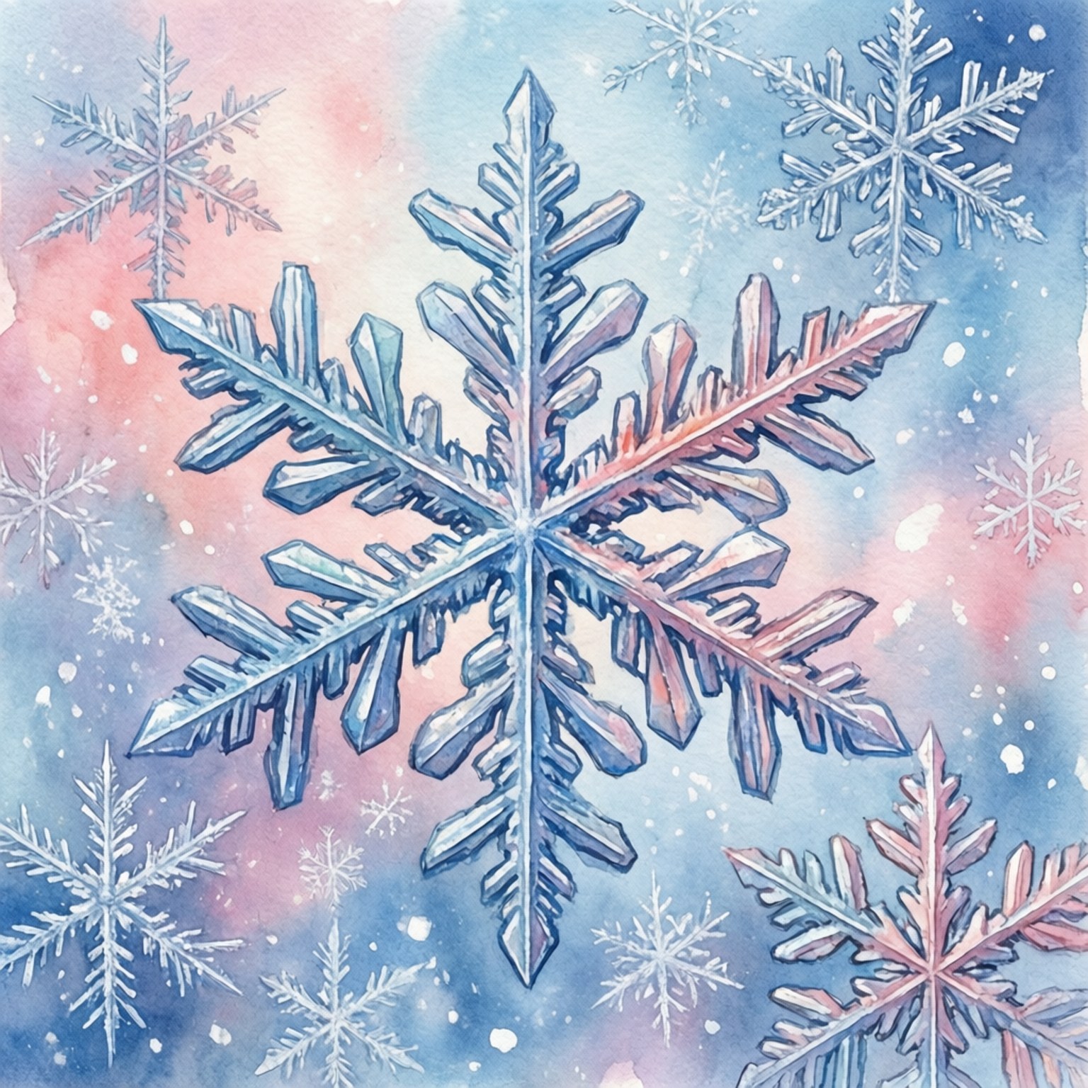 Watercolor Snowflakes 壁紙 — 一個大型精緻的雪花主導了柔和的水彩天空，混合了粉紅色和藍色，周圍有較小的雪花飄浮。