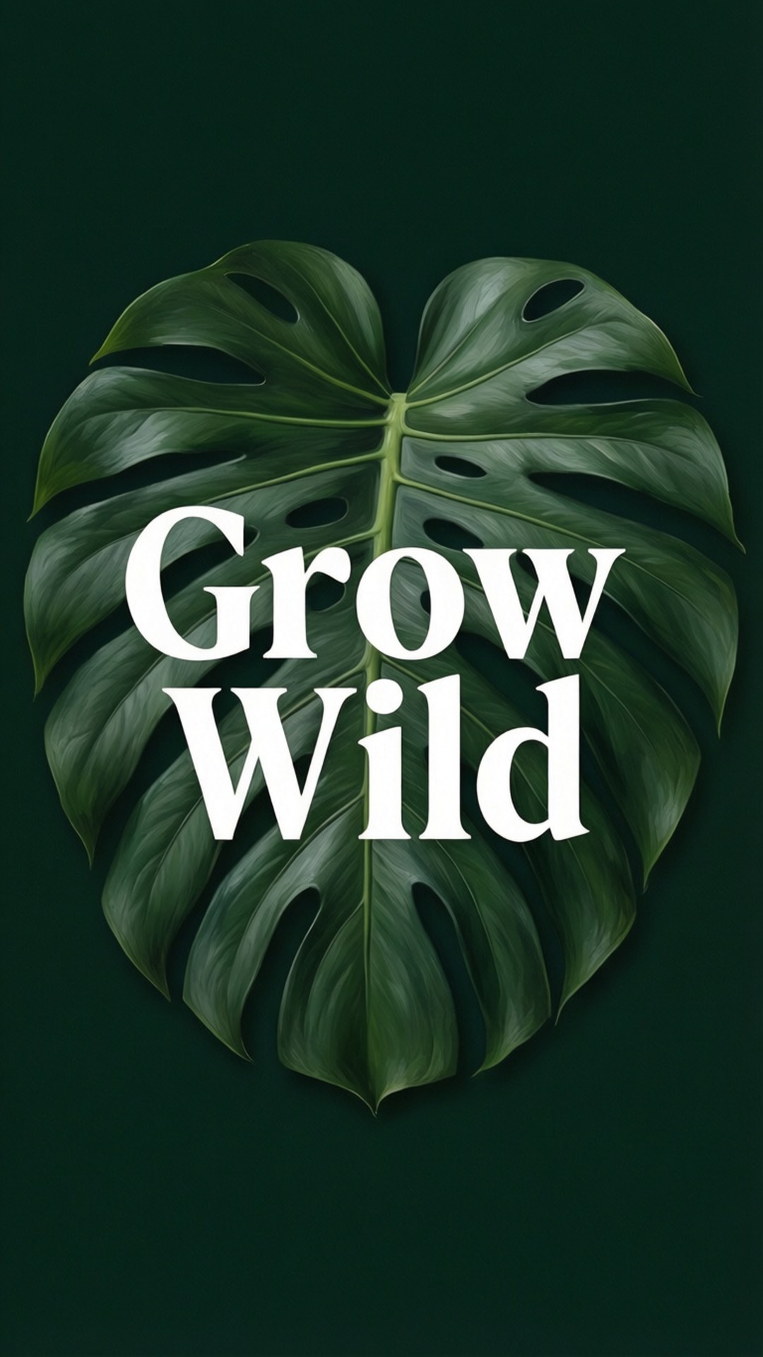 Grow Wild Monstera 壁紙 — 一片帶有天然孔洞的大型龜背竹葉在深綠色背景上形成心形，並有粗體白色文字寫著 Grow Wild。