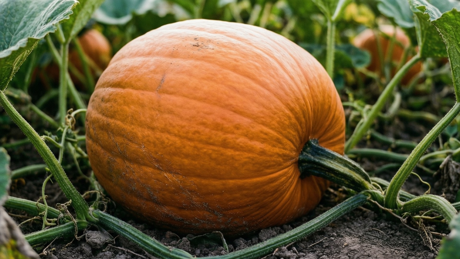 Pumpkin Patch 桌布 壁紙 — 一個大橙色的南瓜放在花園中被綠色藤蔓和葉子包圍的土壤上。