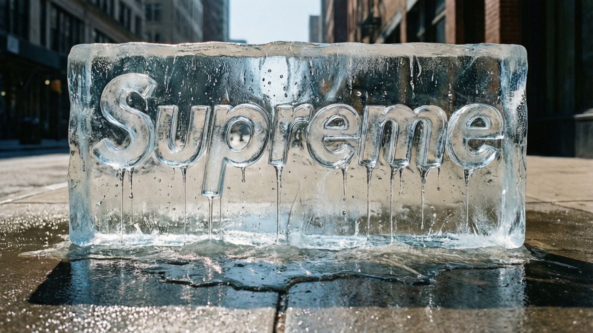 Melting Supreme Ice 壁紙 — 一個巨大的透明冰塊，上面刻有Supreme字樣，在城市人行道上融化，水滴落下。
