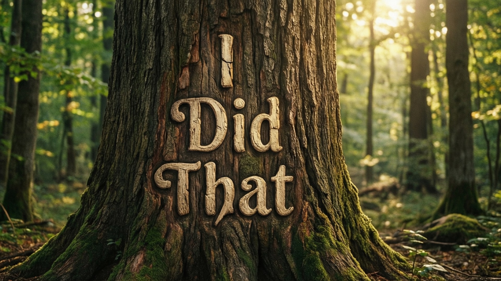 森林中刻有「I Did That」字句的樹幹。