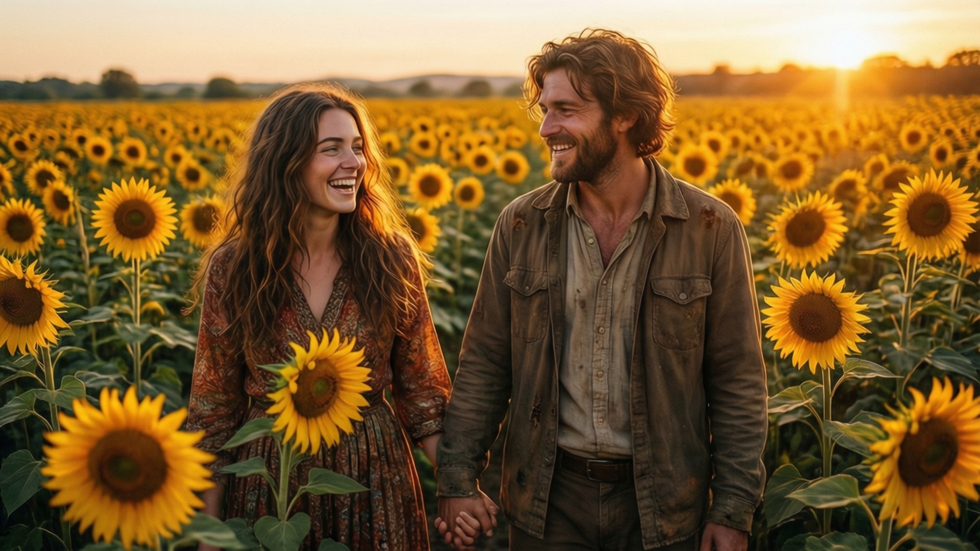 Sunflower Field Walk 壁紙 — 一對笑著的情侶在日落時分的金色向日葵田裡牽手，溫暖的光線灑在他們的臉上。
