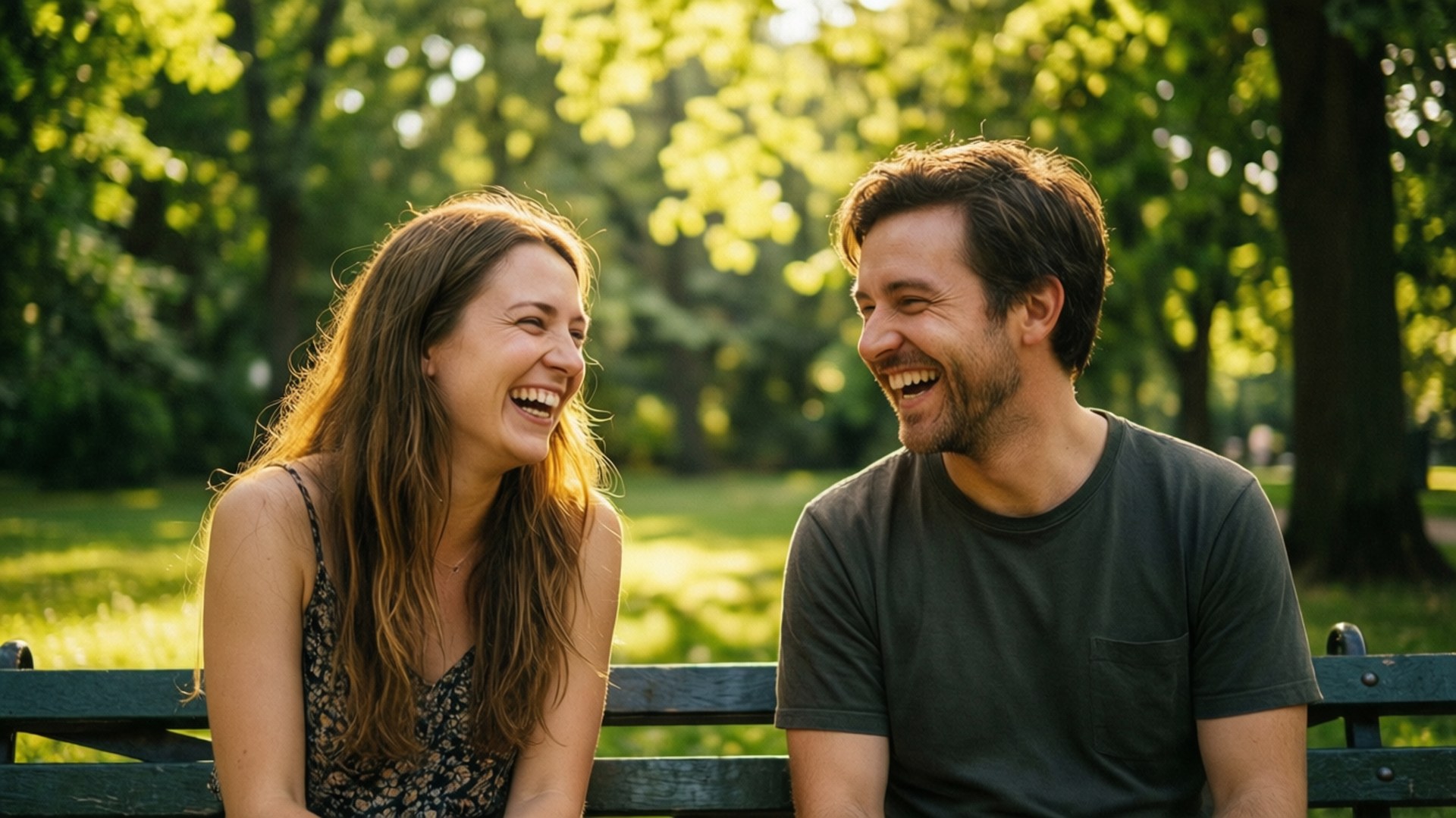 Sunny Bench Laughter 壁紙 — 一對大笑的情侶在公園長椅上分享歡樂時刻，長椅沐浴在透過茂密綠樹灑落的金色陽光中。