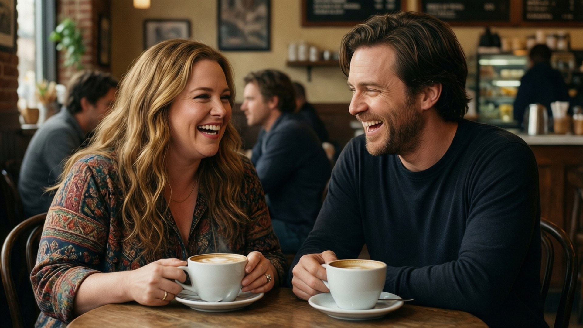 Coffee Date Laughter 壁紙 — 一對大笑的情侶在舒適的咖啡館分享咖啡，溫暖的燈光和磚牆。