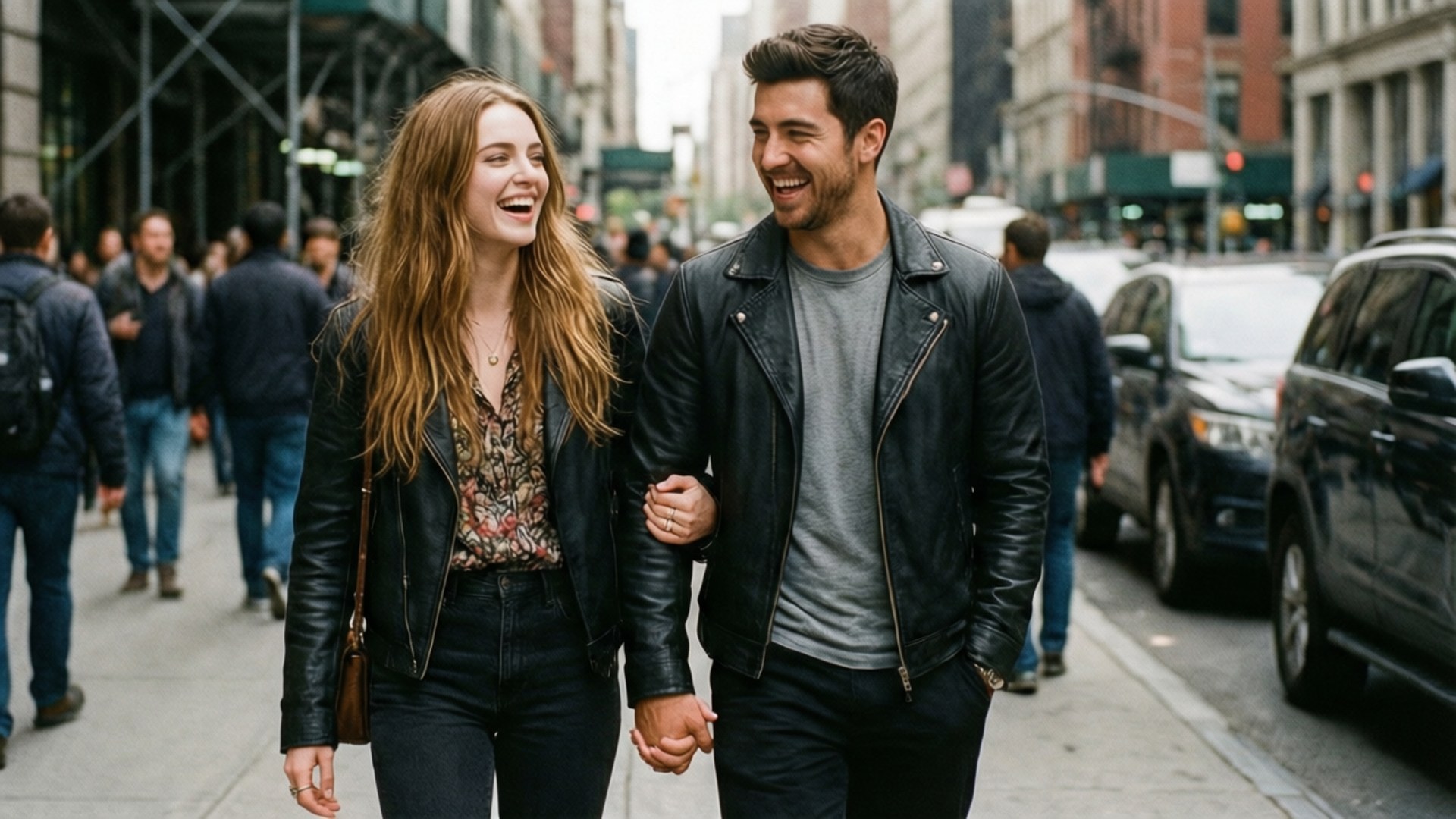 Sophie and Joe City Walk 壁紙 — 一對大笑的情侶手牽手走在一條繁忙的城市街道上，兩旁是高樓大廈和停泊的汽車。