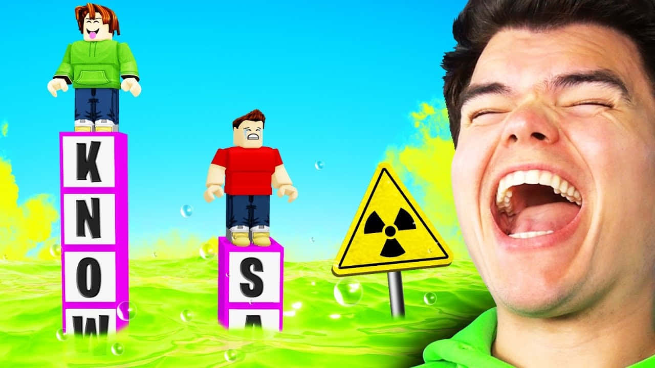 一個男人在綠色泡泡場景中與卡通積木和輻射標誌一起笑。 — Roblox 壁紙