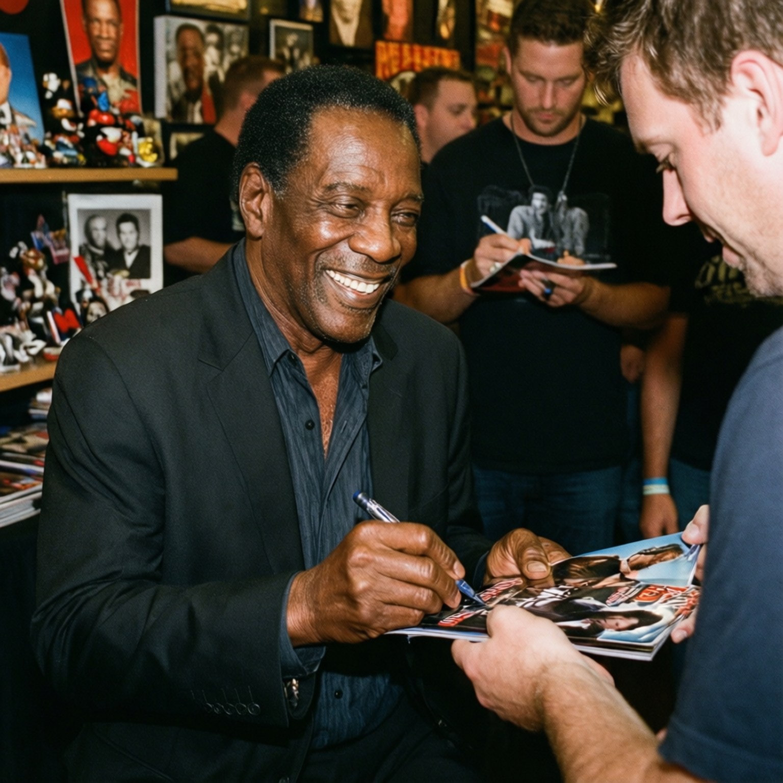 Fan Favorite Signing 壁紙 — 一位傳奇演員在擠滿紀念品的房間裡為粉絲簽名，溫暖地微笑。