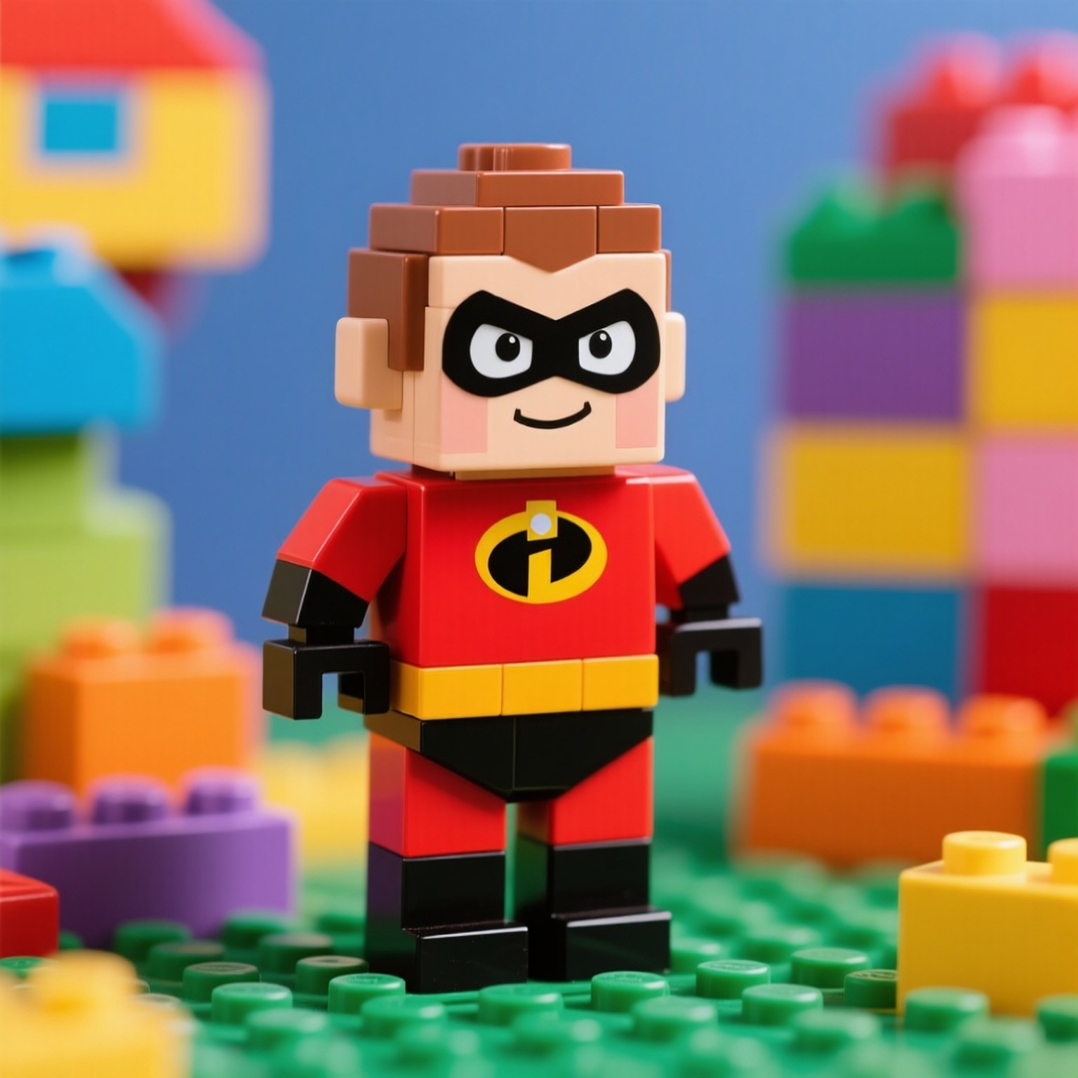 Lego Incredible 壁紙 — 一個LEGO Mr. Incredible人偶自信地站在綠色底板上，周圍是色彩繽紛的LEGO積木。